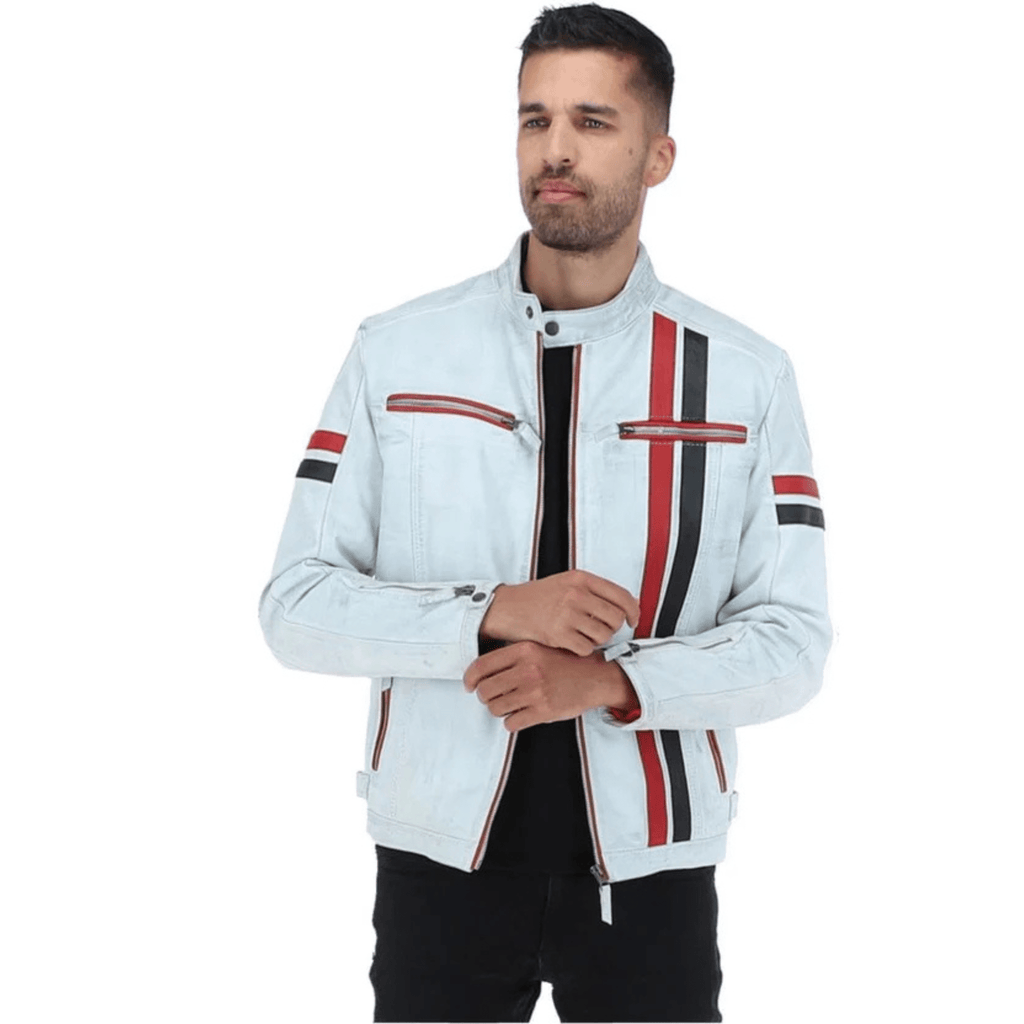mens white leather biker jacket model wearing street style outfit casual look