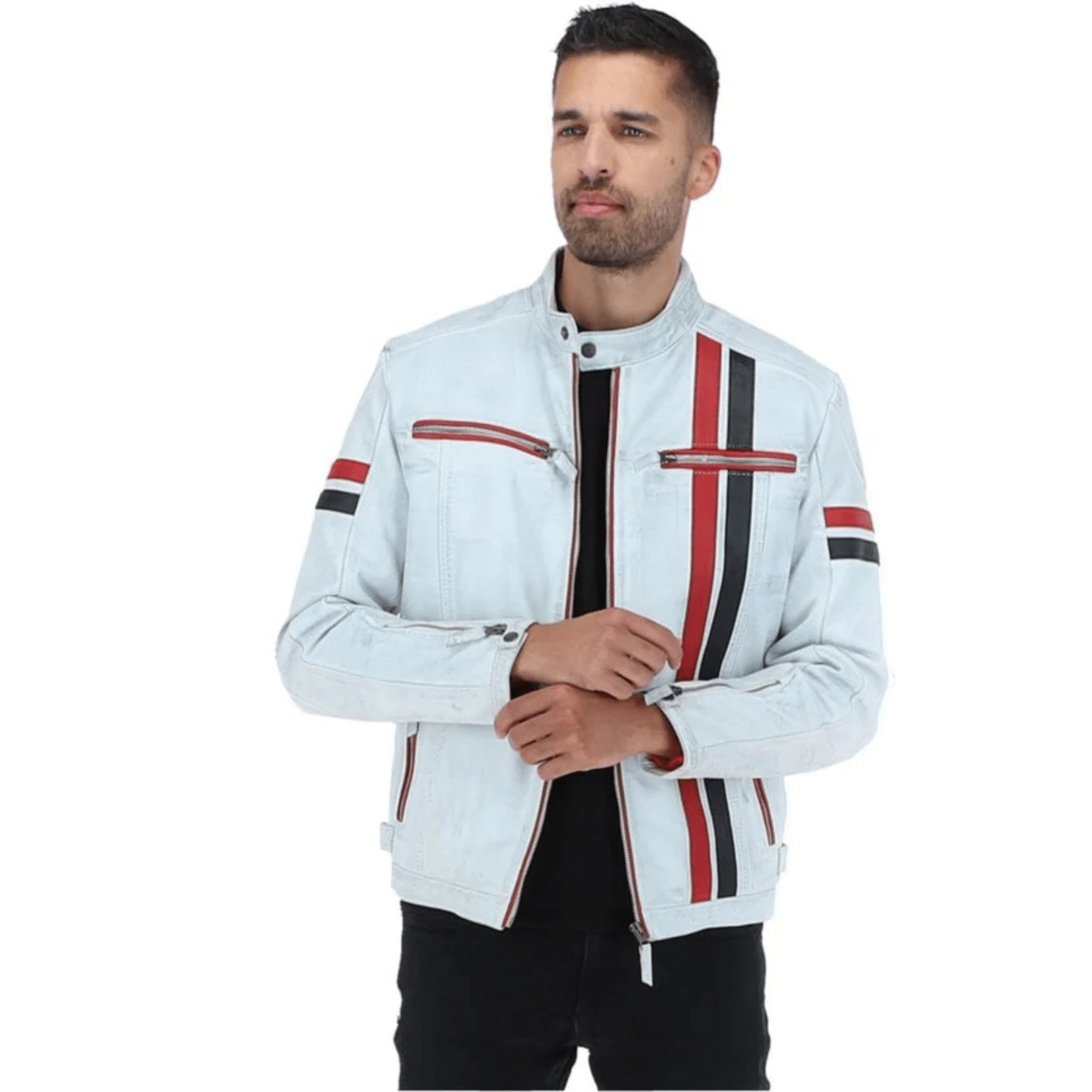 mens white leather biker jacket model wearing street style outfit casual look