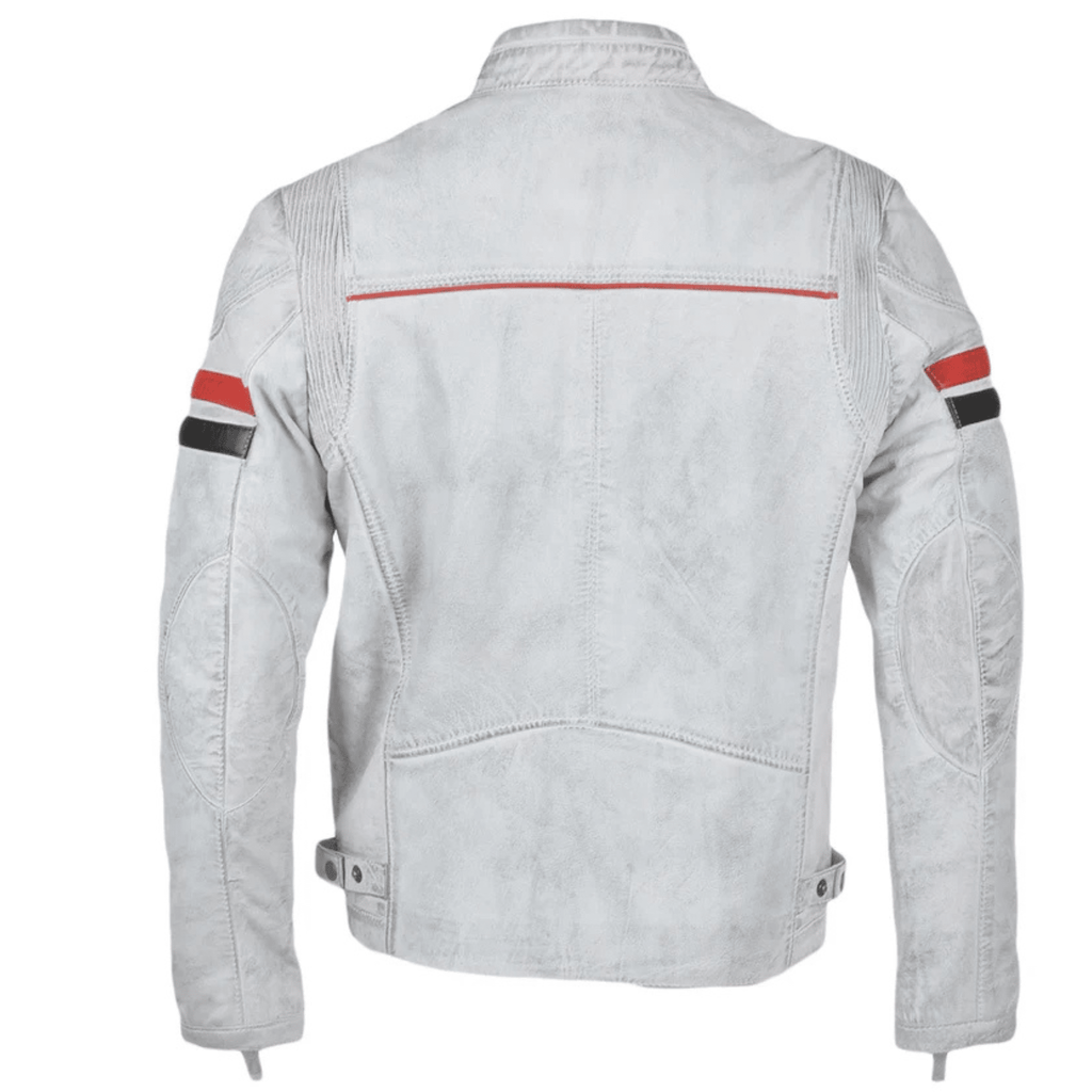 mens white leather biker jacket back view classic biker silhouette