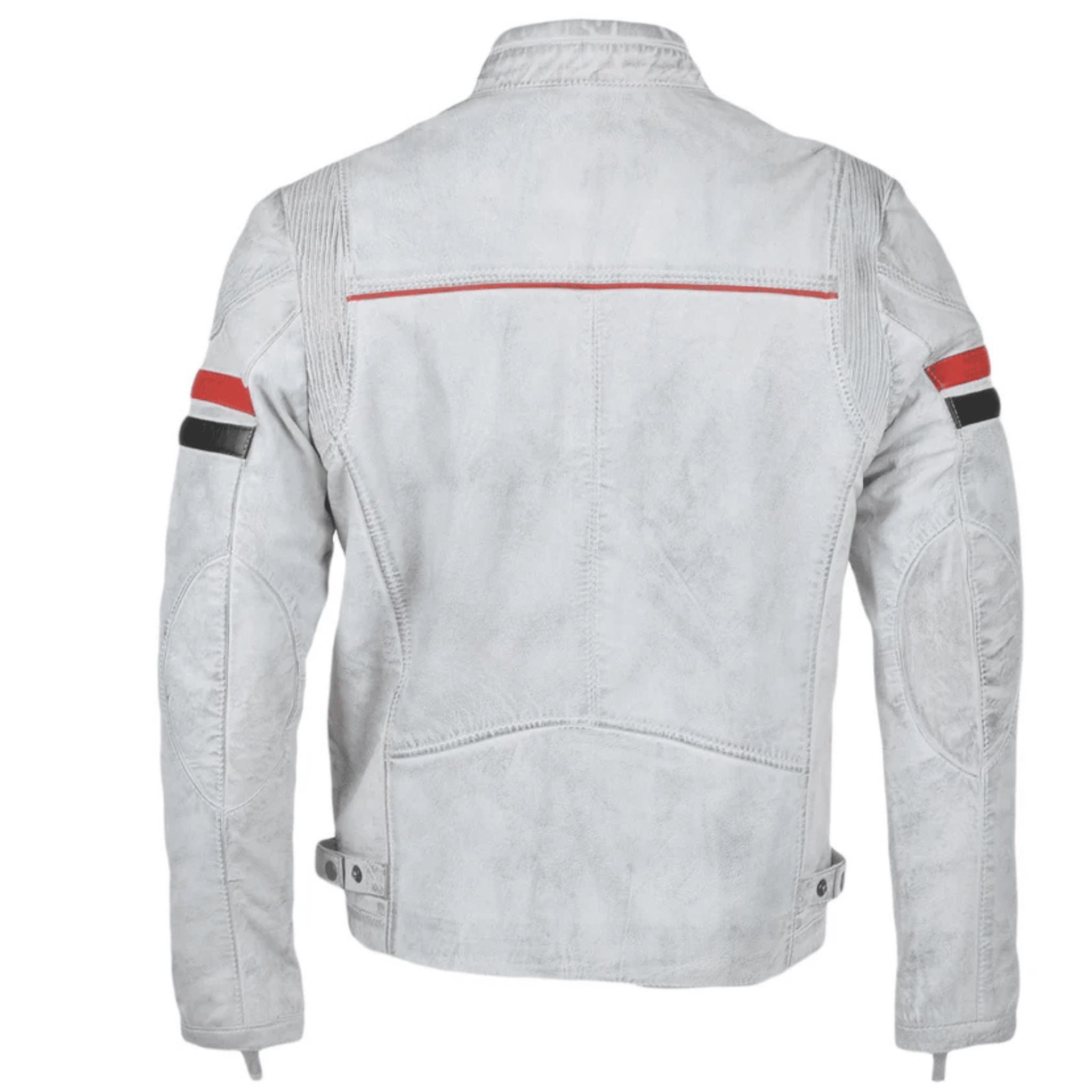 mens white leather biker jacket back view classic biker silhouette