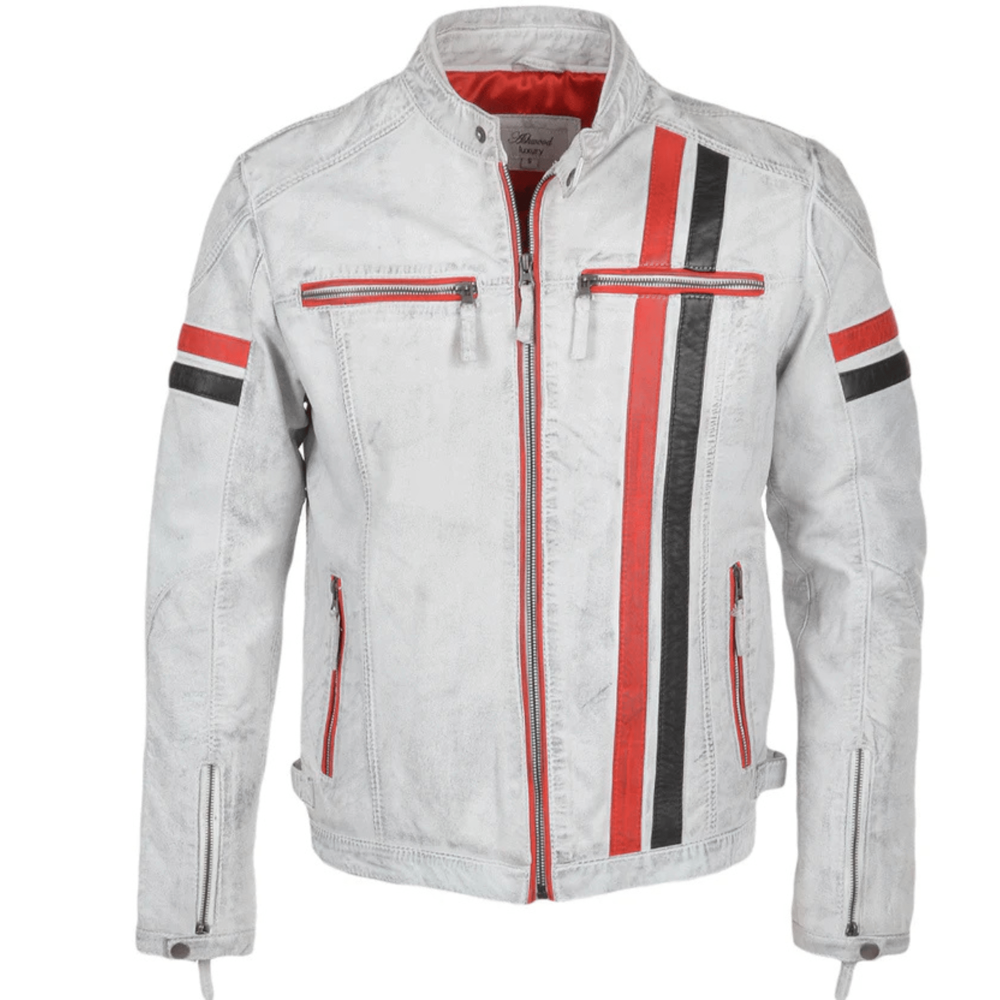 mens white leather biker jacket front view genuine sheepskin clean motorcycle design