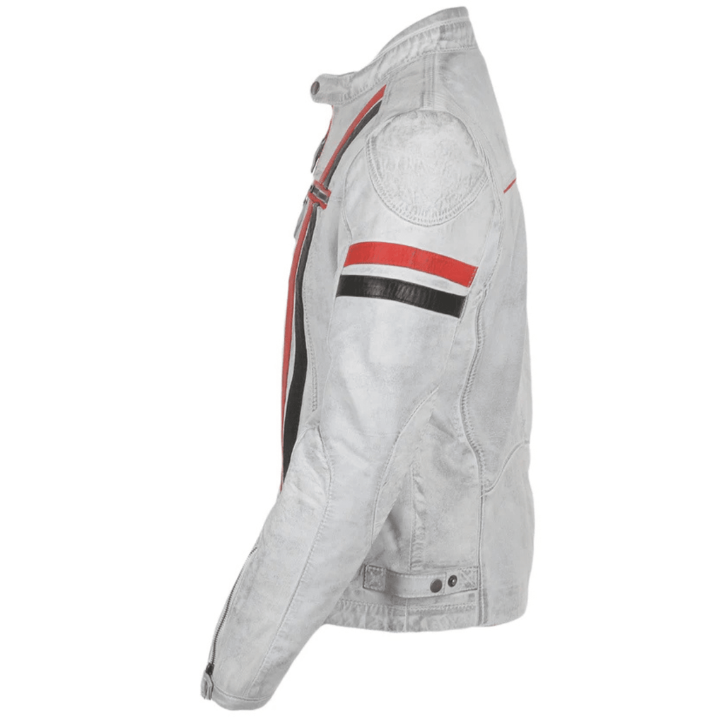 mens white leather biker jacket side view slim fit modern biker style