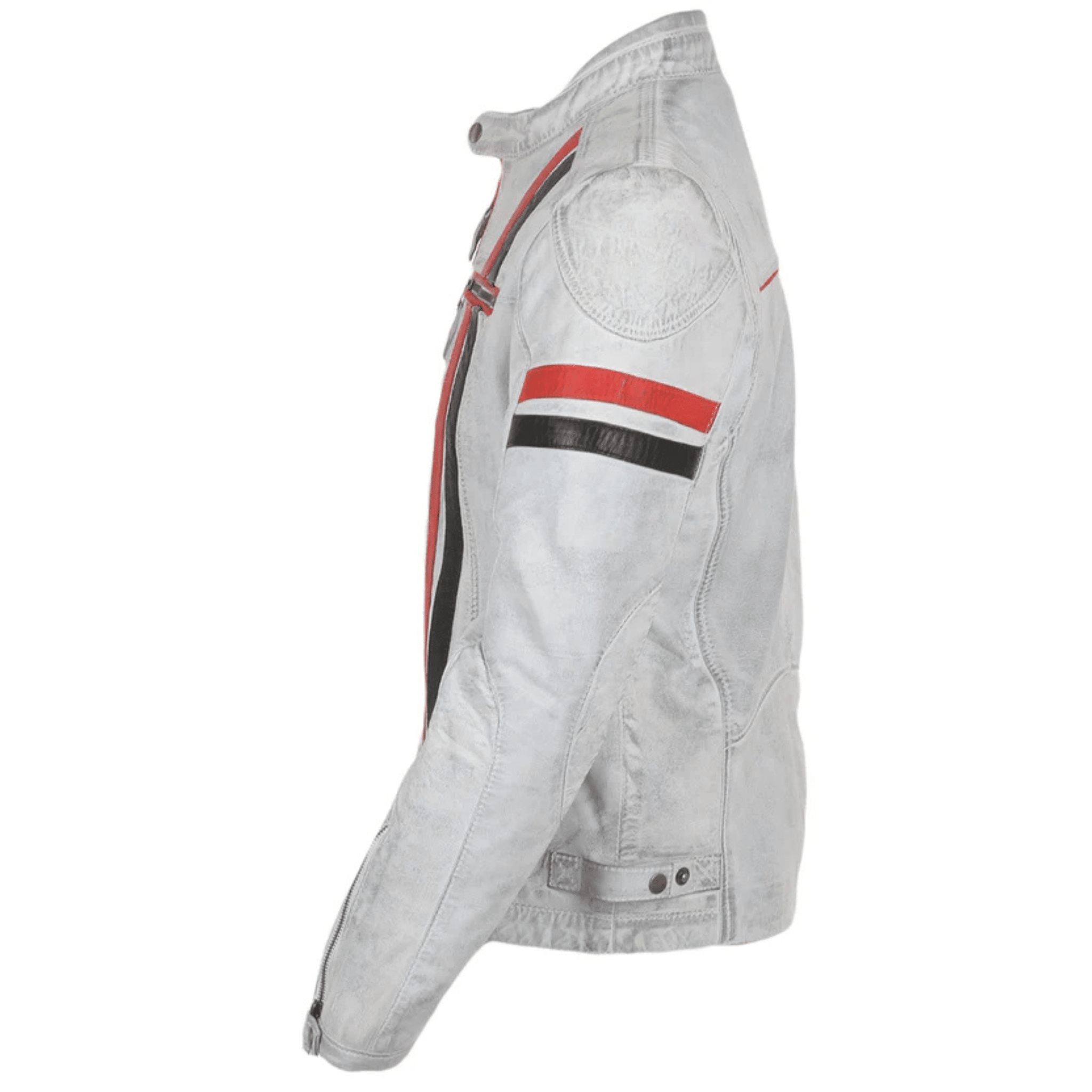 mens white leather biker jacket side view slim fit modern biker style