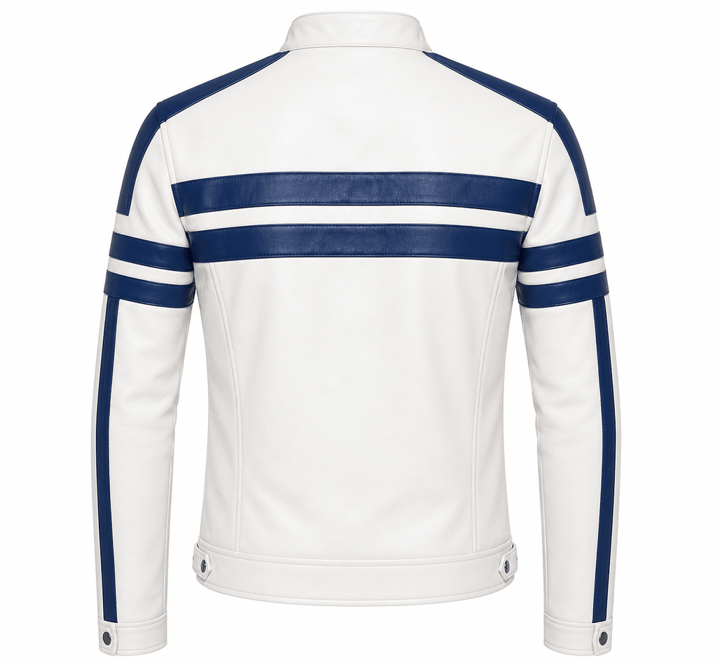 mens white leather biker jacket back view blue racing stripes design