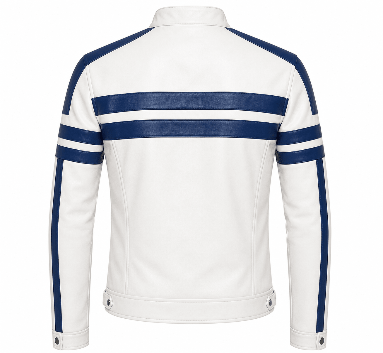 mens white leather biker jacket back view blue racing stripes design