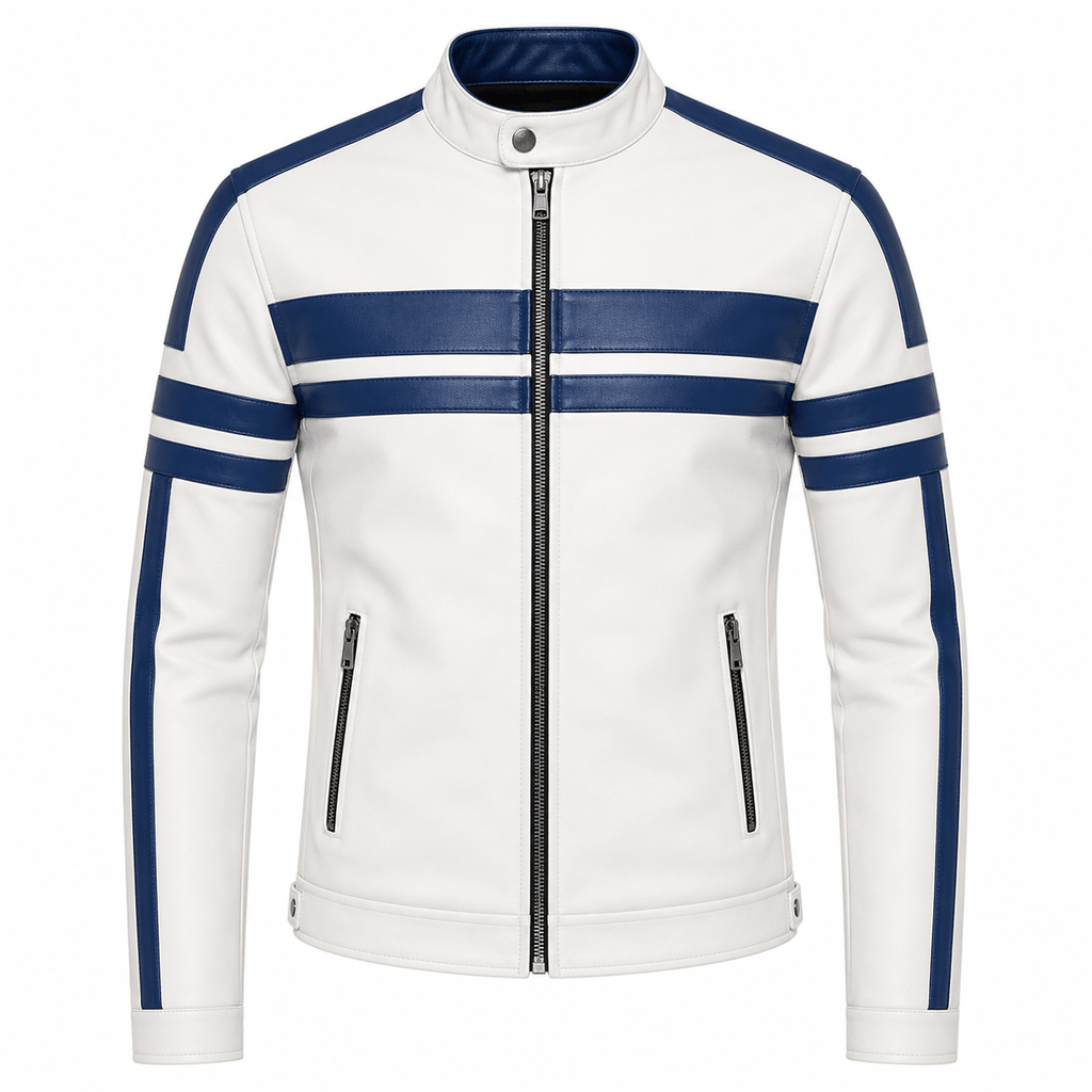 mens white slim fit leather biker jacket front view blue stripes cafe racer