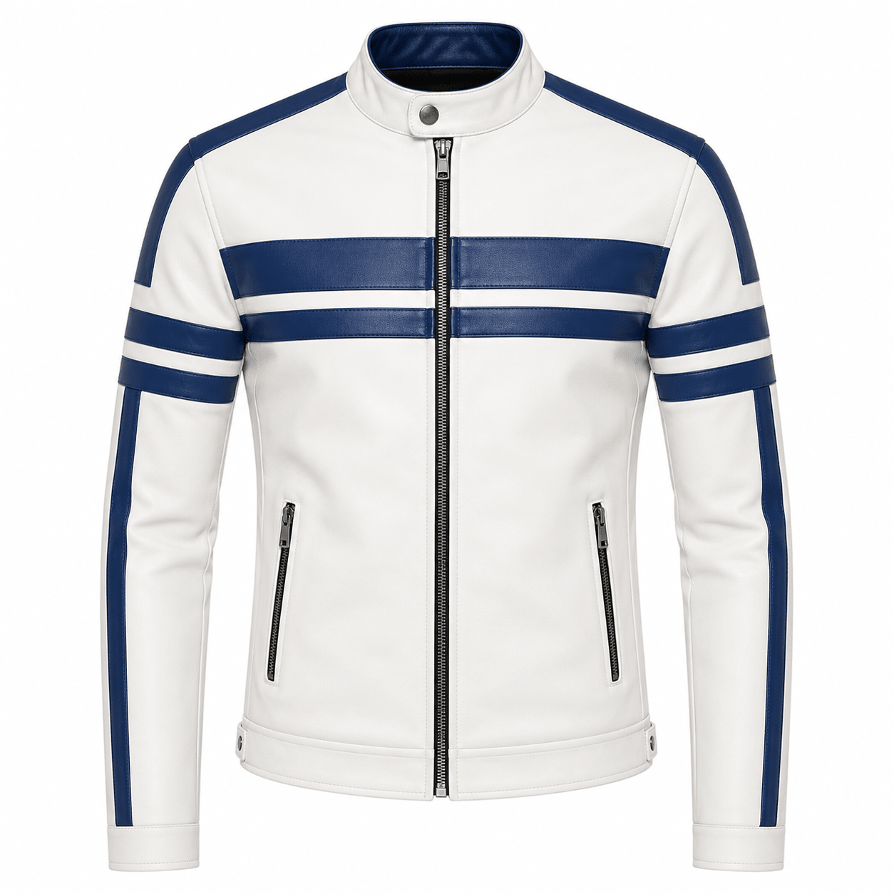 mens white slim fit leather biker jacket front view blue stripes cafe racer