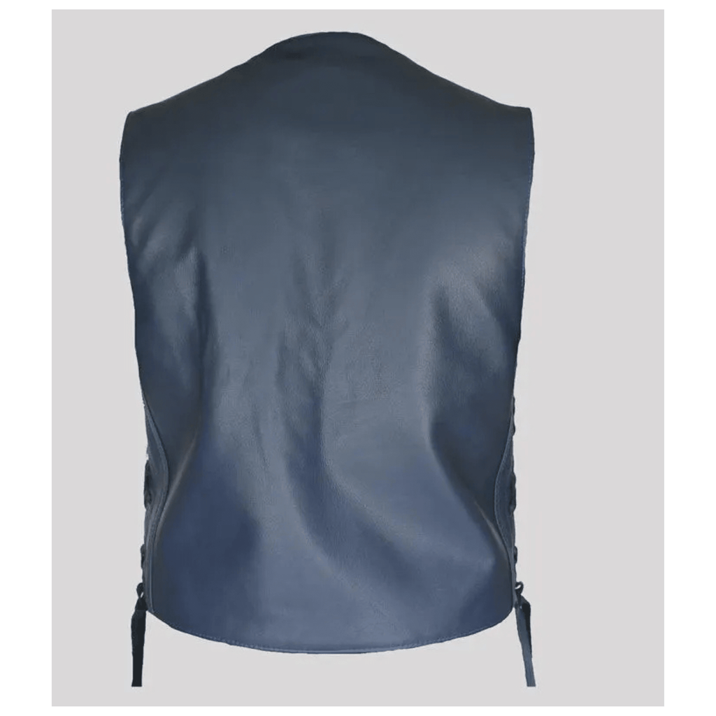 mens navy blue leather vest back view classic cruiser style