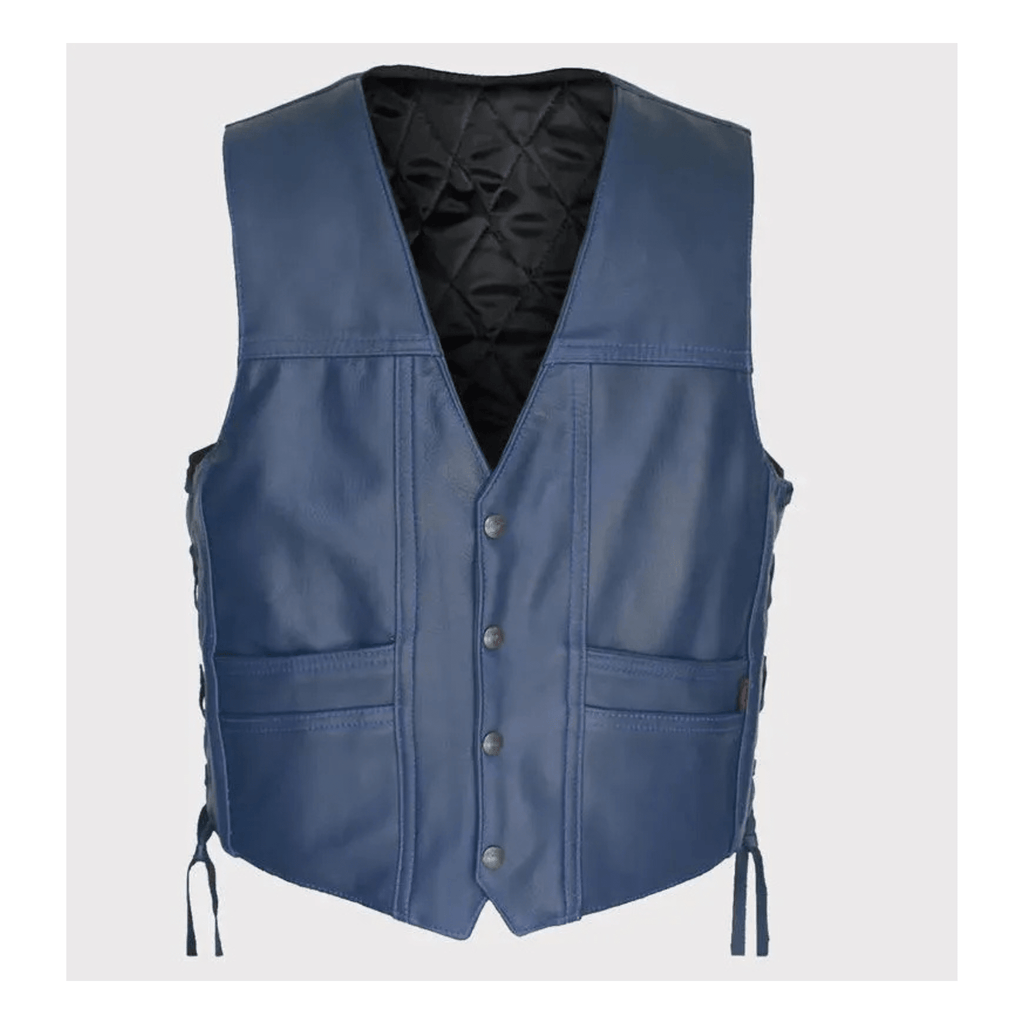 mens navy blue leather cruiser vest front view sheepskin v neck design