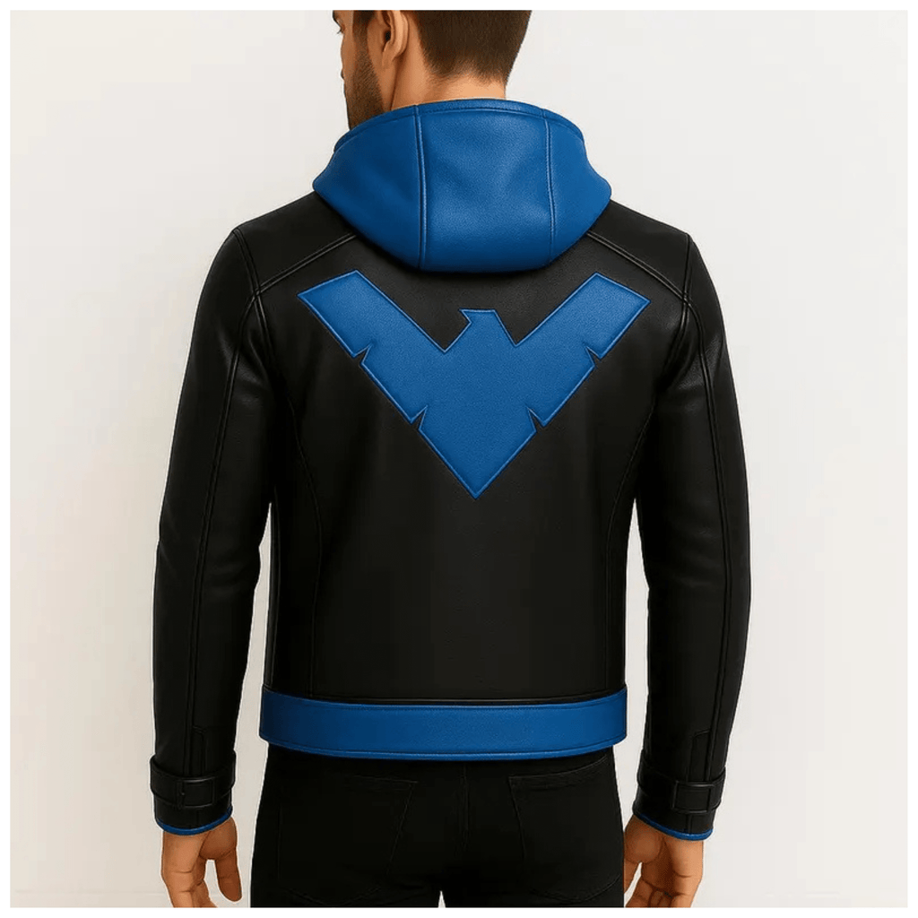 Nightwing Cosplay Leather Jacket for Men back view with blue emblem black hooded leather jacket