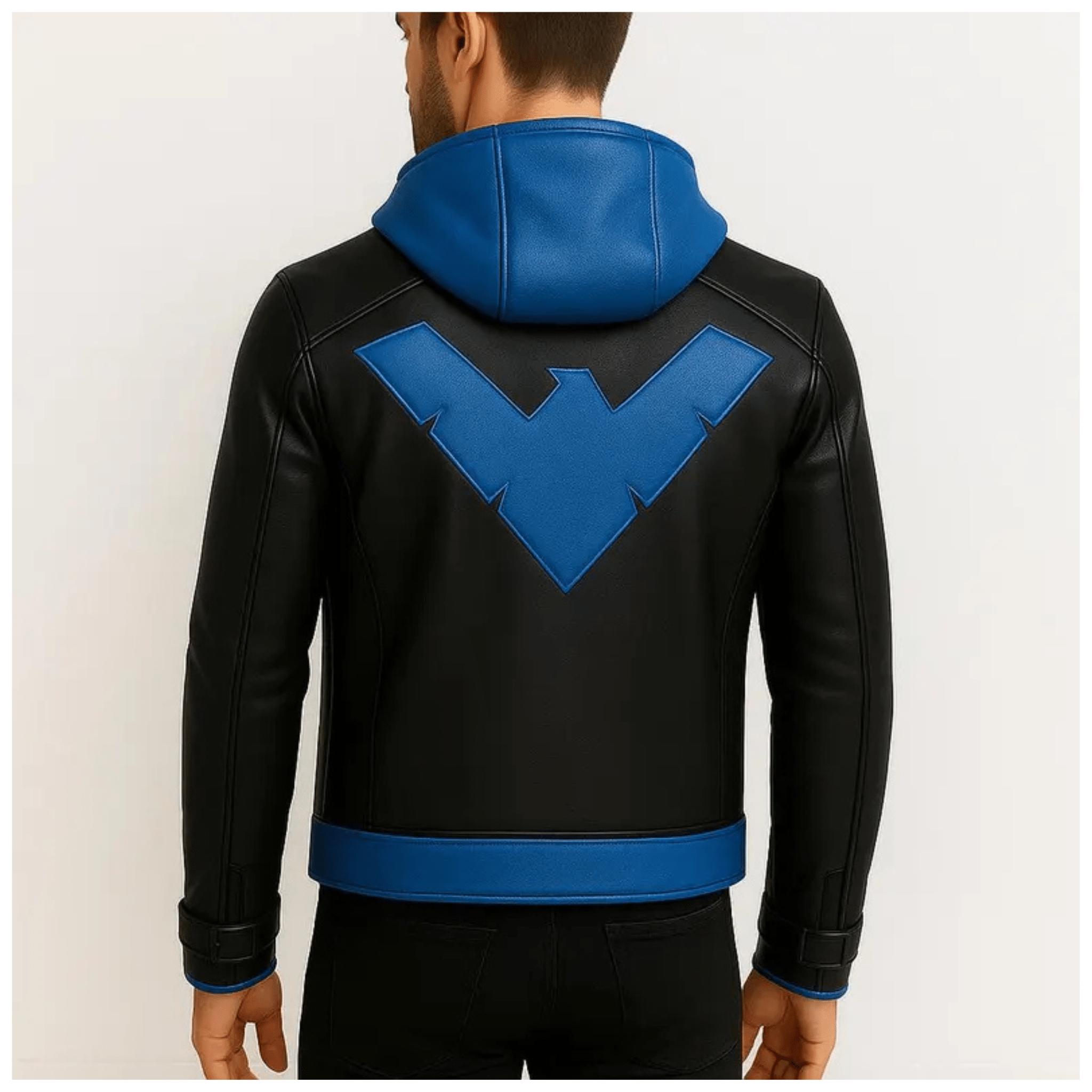 Nightwing Cosplay Leather Jacket for Men back view with blue emblem black hooded leather jacket