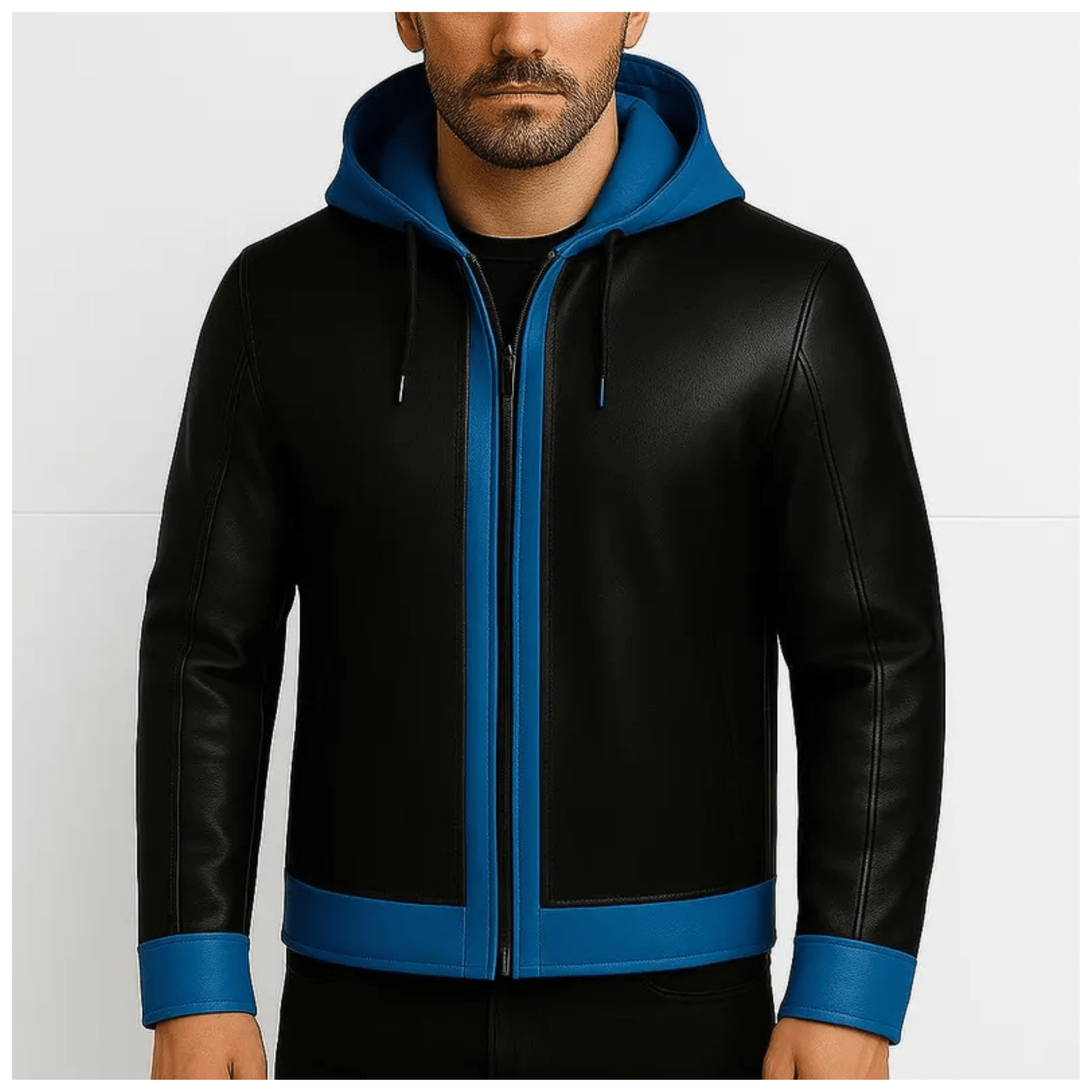 Nightwing Cosplay Leather Jacket for Men front view black blue hooded sheepskin leather jacket