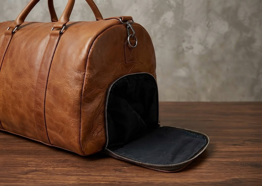 Personalized Leather Duffel Bag with Shoe Compartment – Top Grain Travel Weekender