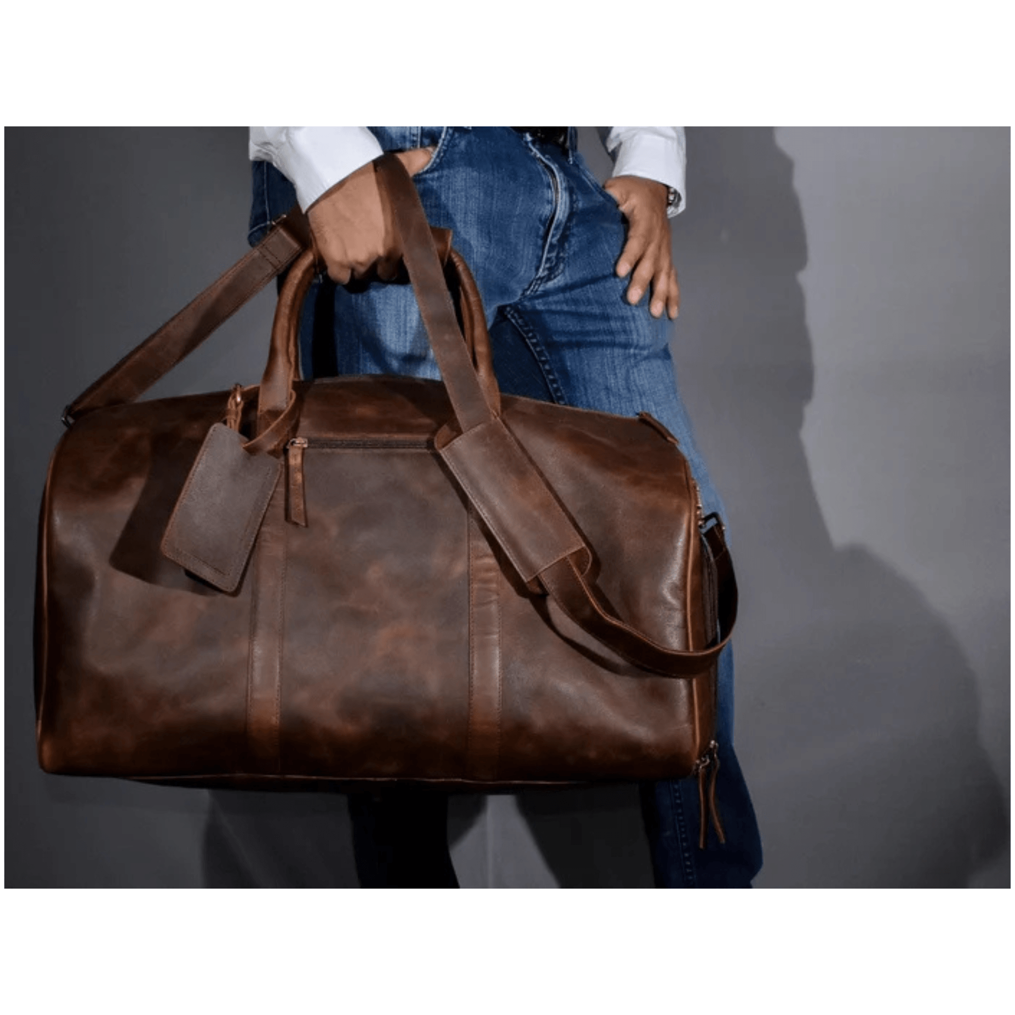 Personalized Leather Weekender Bag with shoe compartment and laptop sleeve