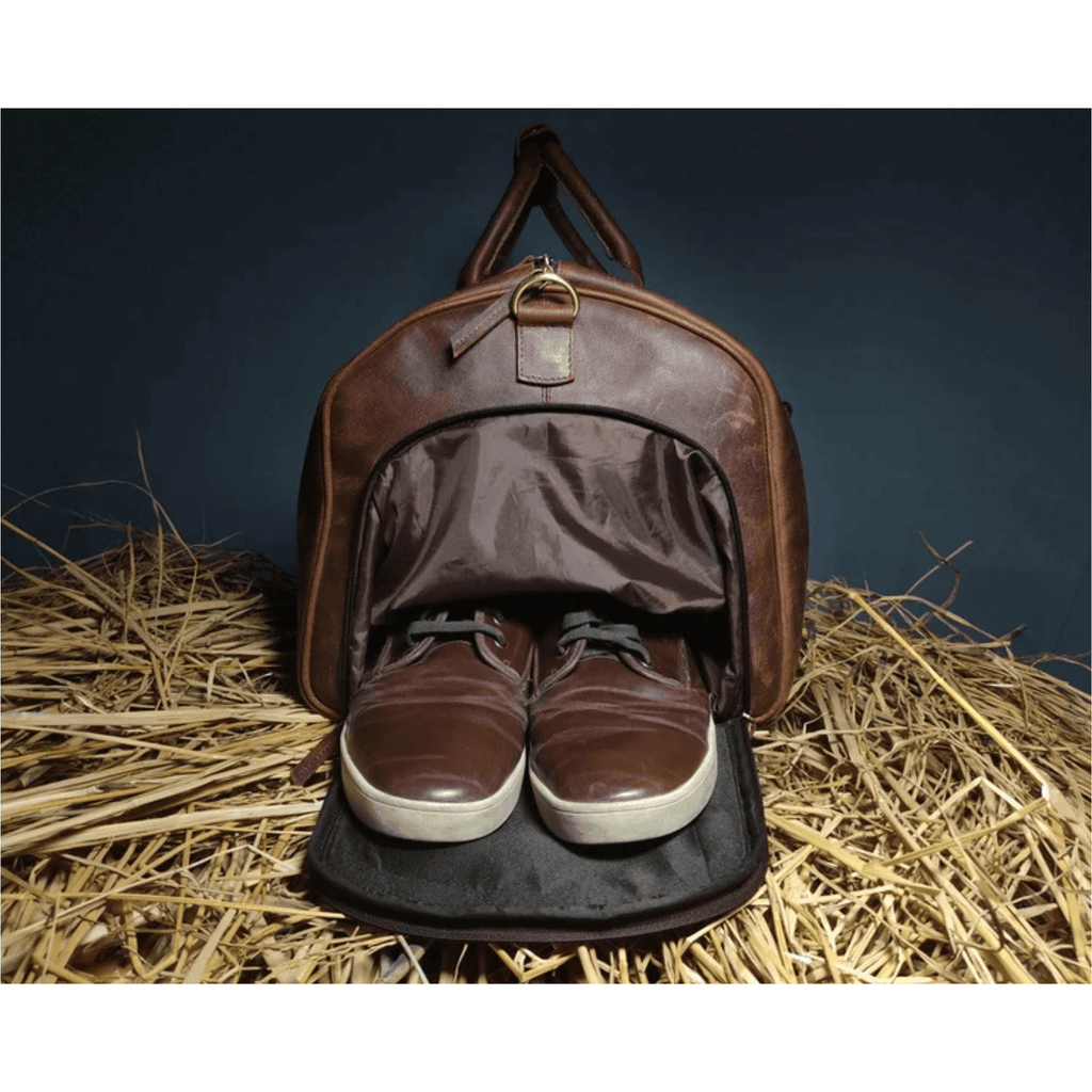 Personalized Leather Weekender Bag featuring separate shoe storage