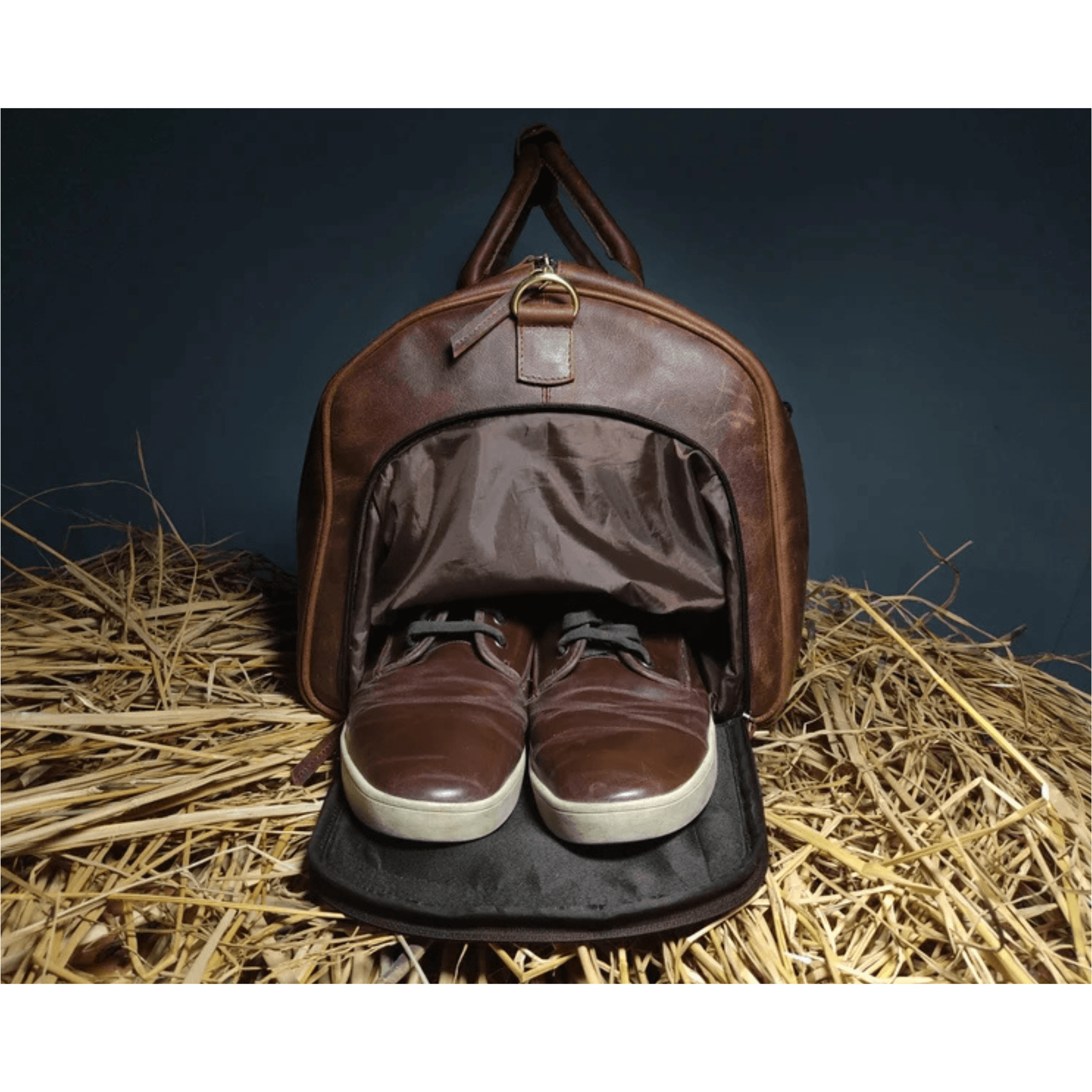 Personalized Leather Weekender Bag featuring separate shoe storage