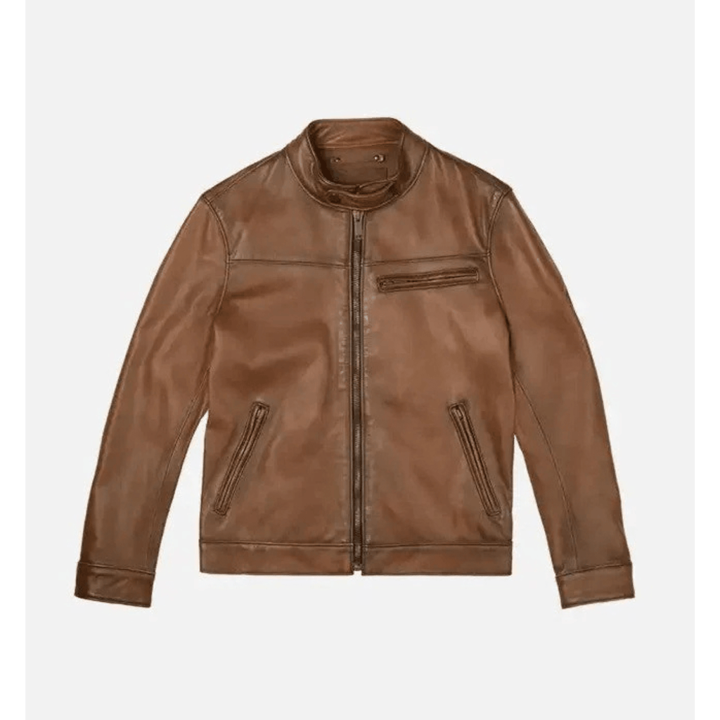 premium handmade mens walnut brown leather biker jacket front view genuine sheepskin