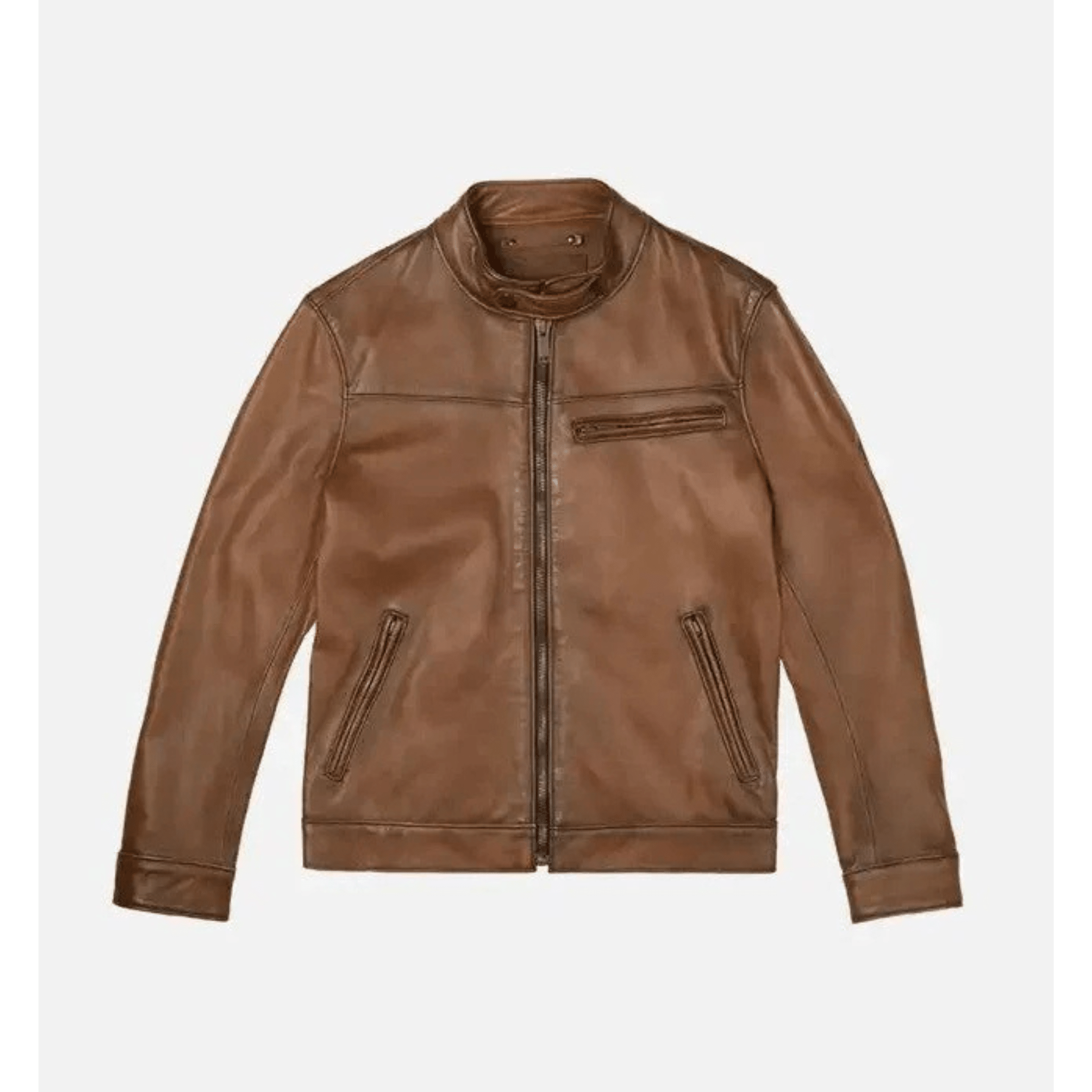 premium handmade mens walnut brown leather biker jacket front view genuine sheepskin
