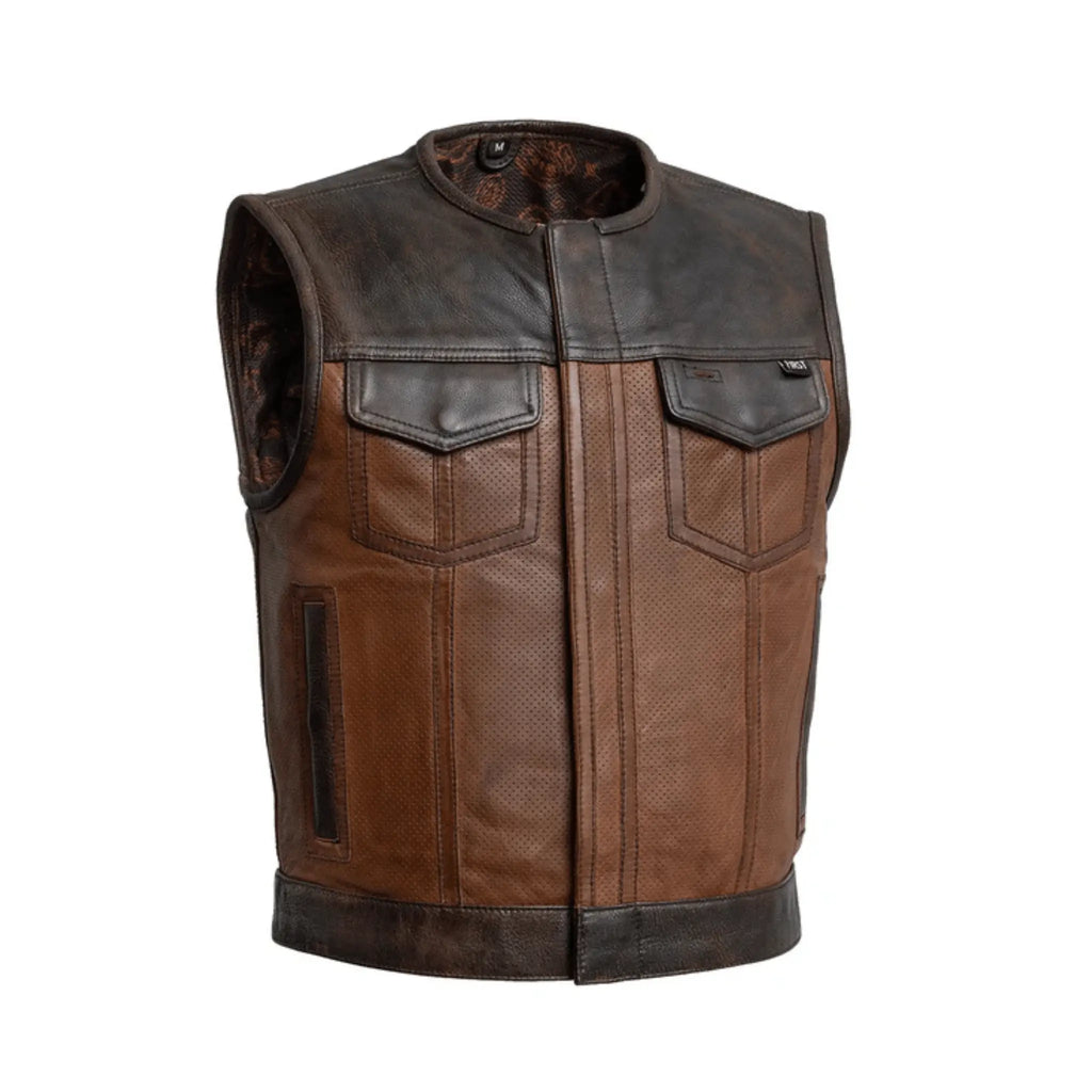 Men's leather riding vest in premium perforated cowhide leather front view