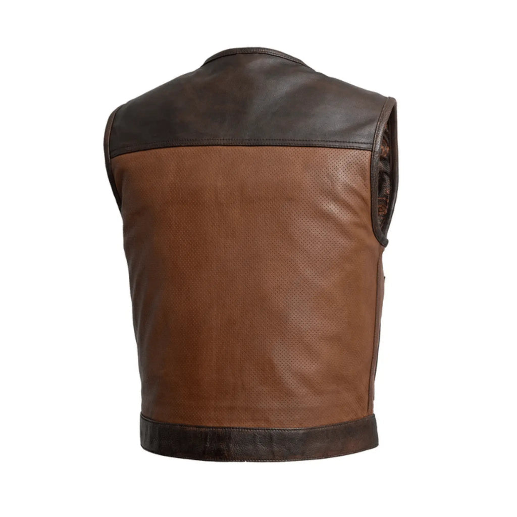 Men's leather riding vest in premium perforated cowhide leather   back view