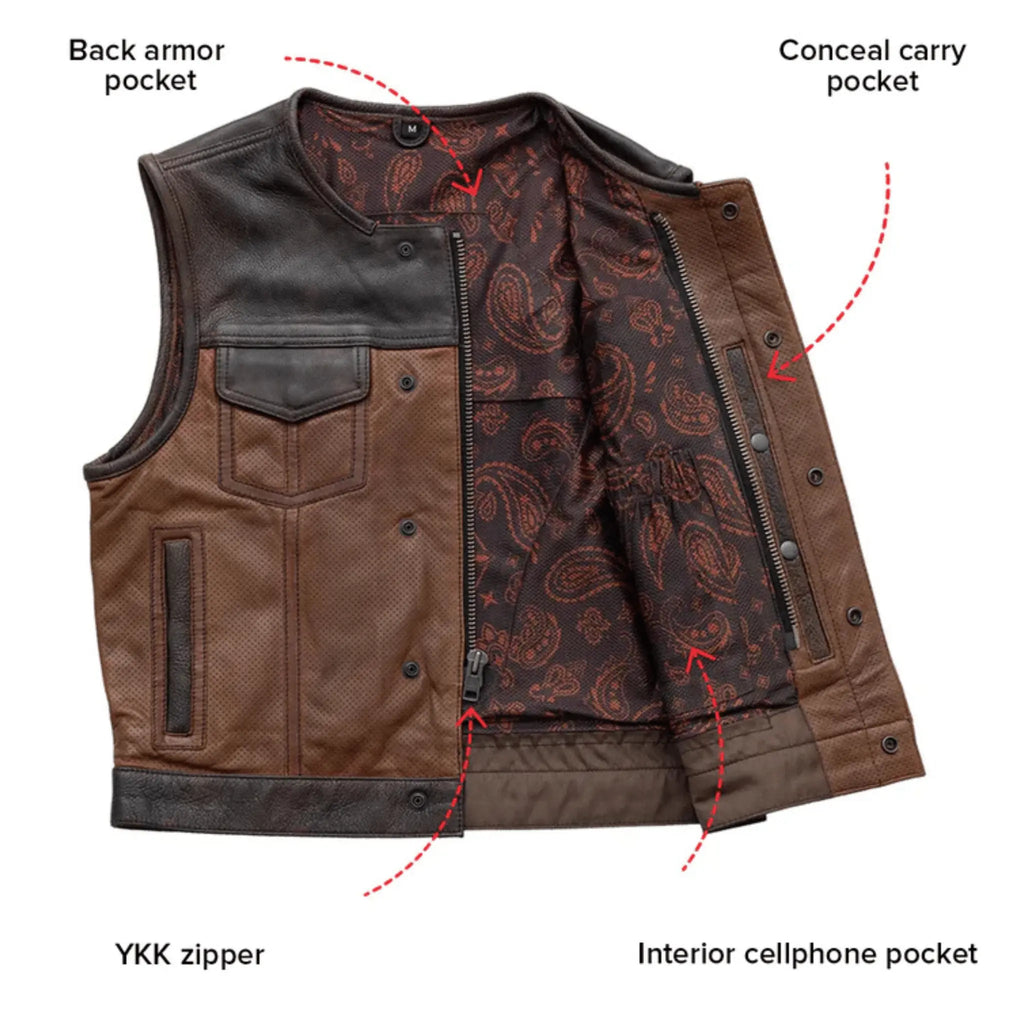 Men's leather riding vest in premium perforated cowhide leather inner view