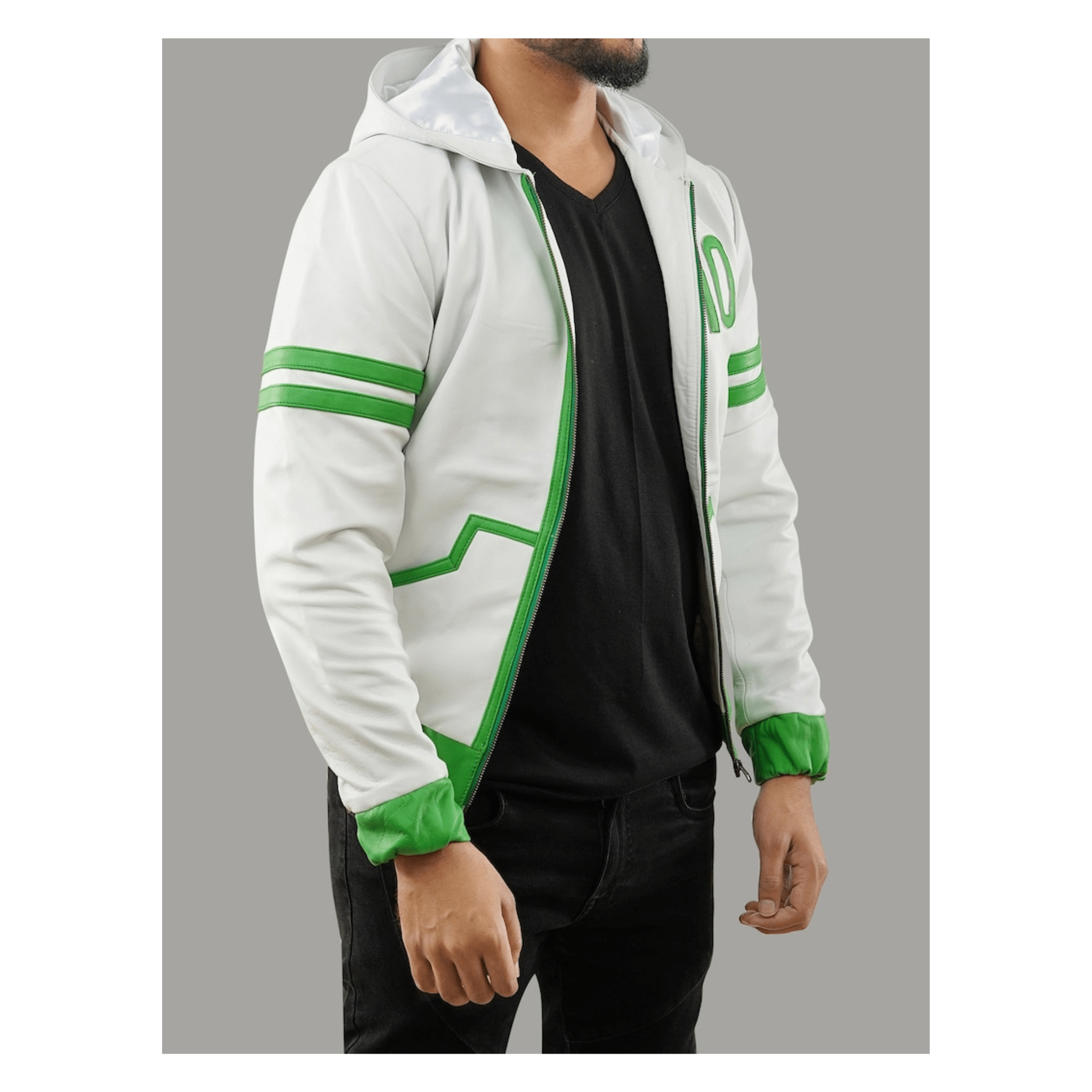 Superhero leather jacket omni inspired green white hooded left side view