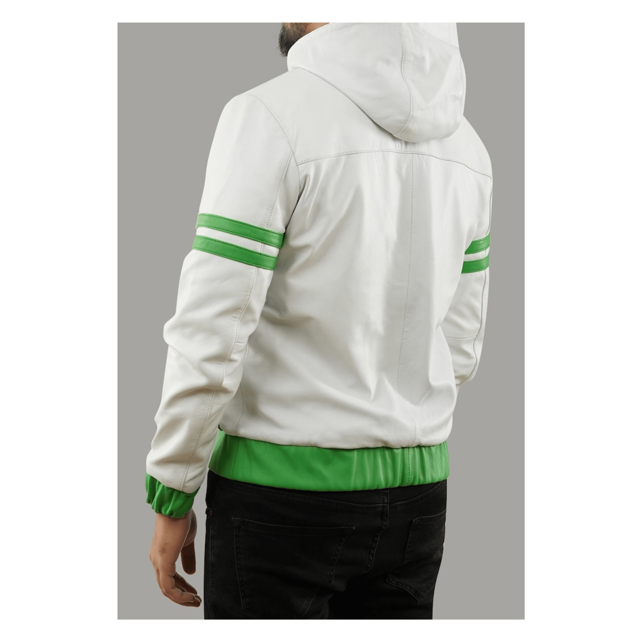 Superhero leather jacket back view green white cosplay design