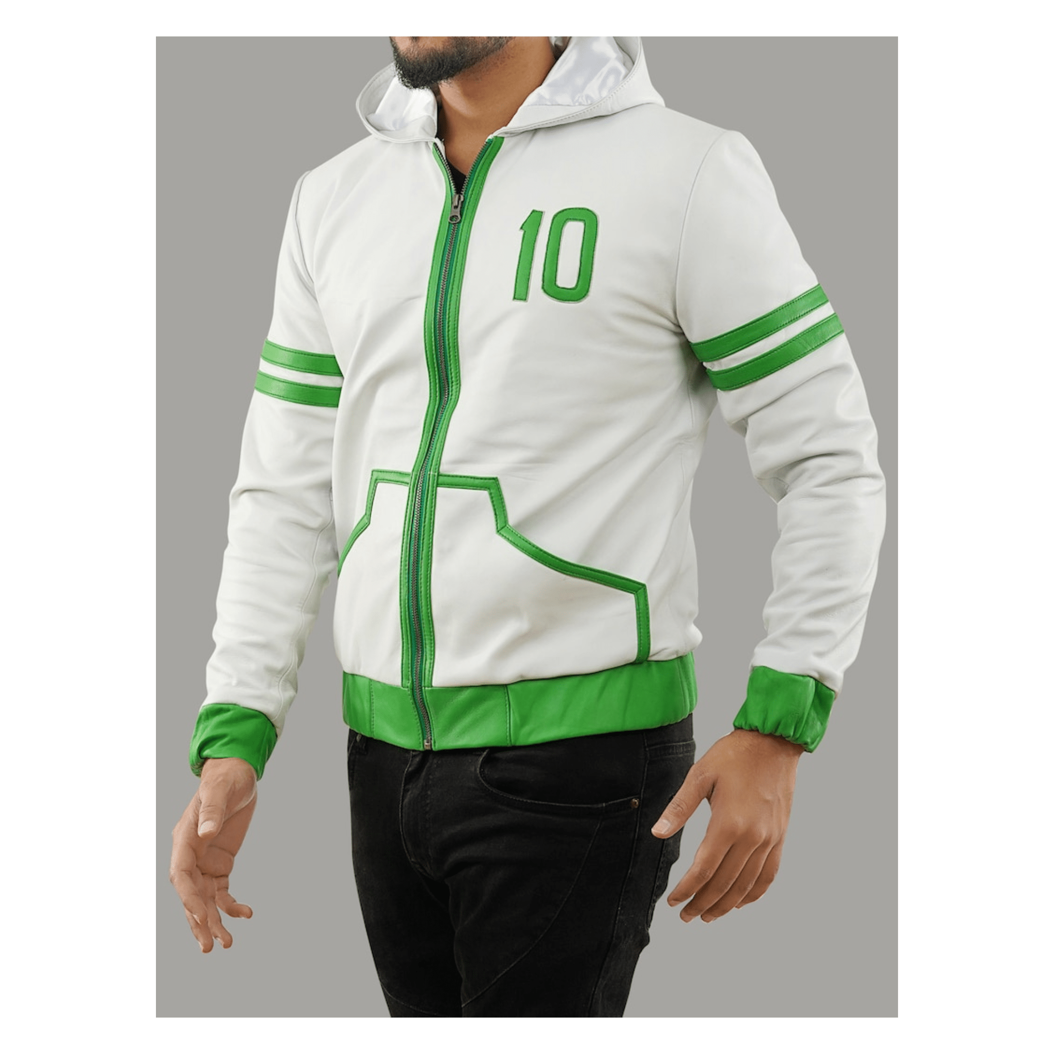 Superhero leather jacket omni style hooded design right side view cosplay jacket