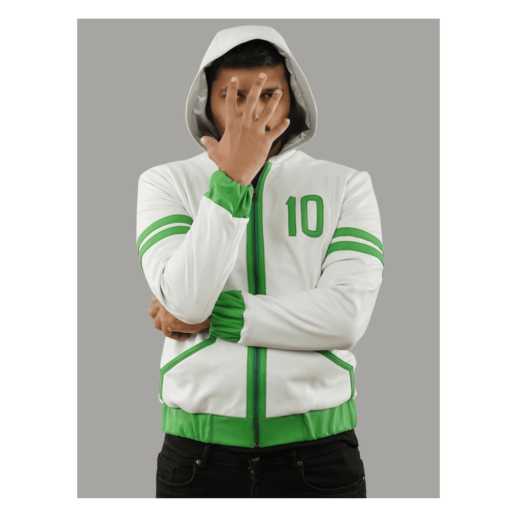 Superhero leather jacket omni inspired green white hooded front view