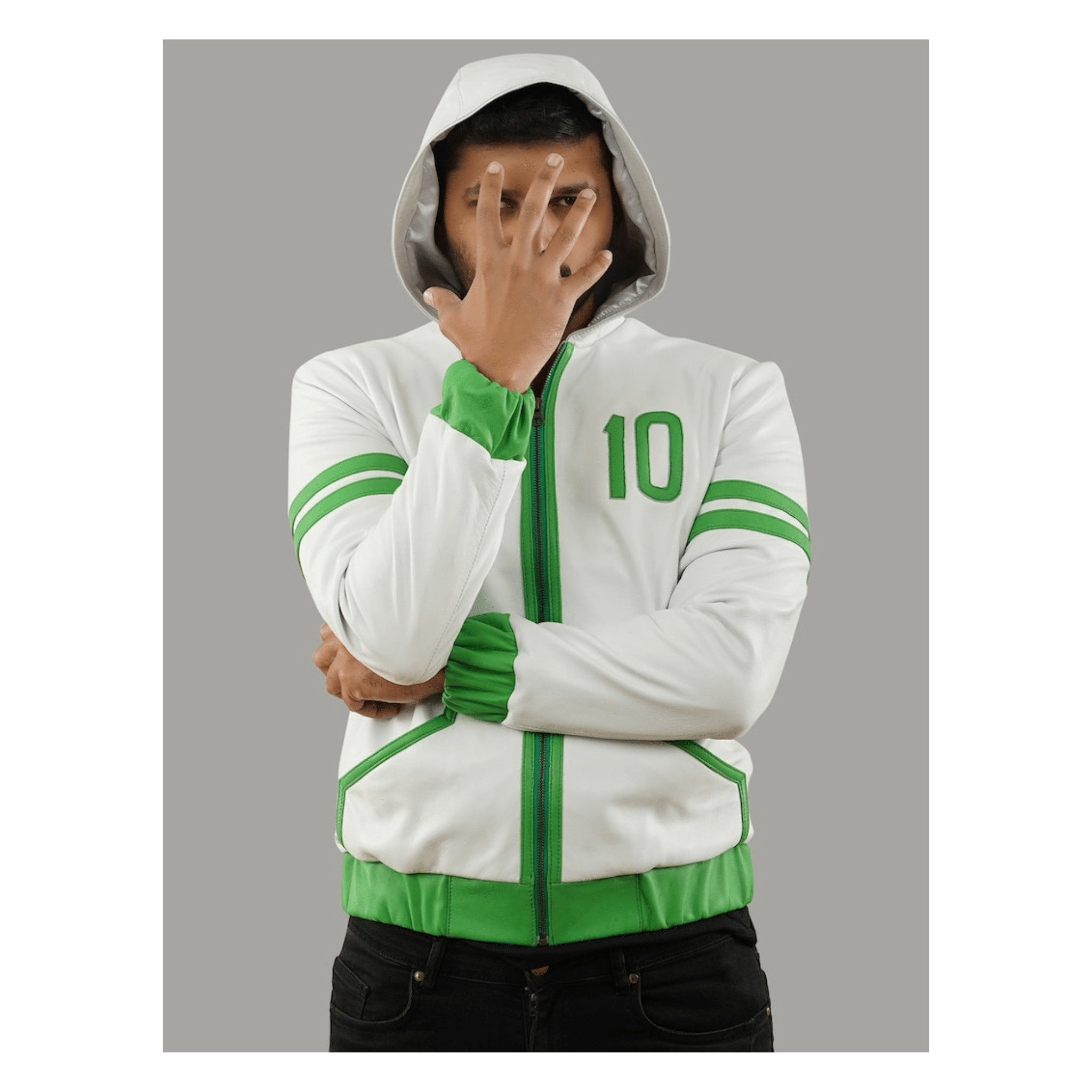 Superhero leather jacket omni inspired green white hooded front view