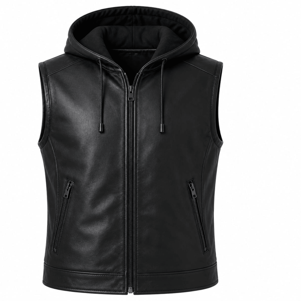 urban stealth hooded leather vest front view