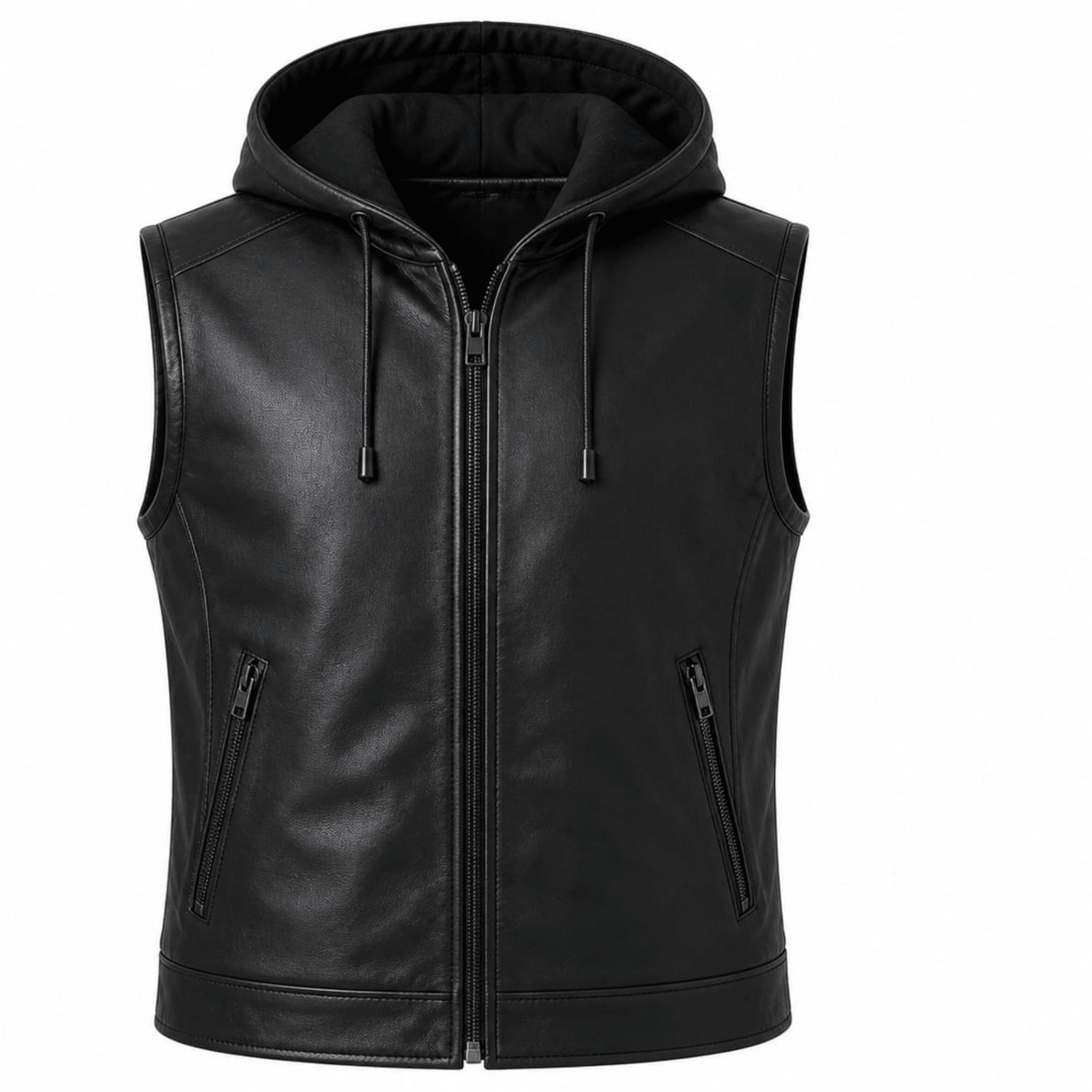 urban stealth hooded leather vest front view