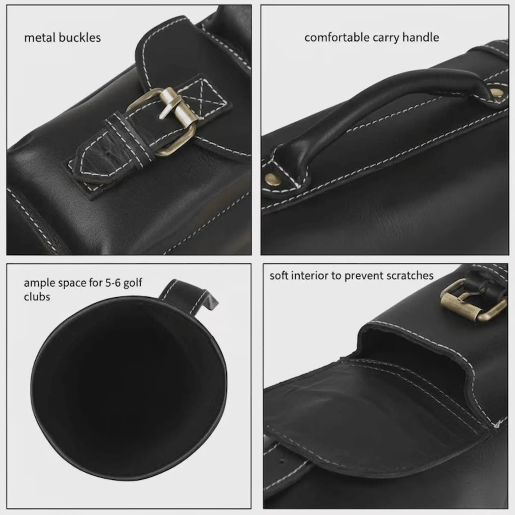 close  view of vintage leather Sunday golf bag with classic carry design