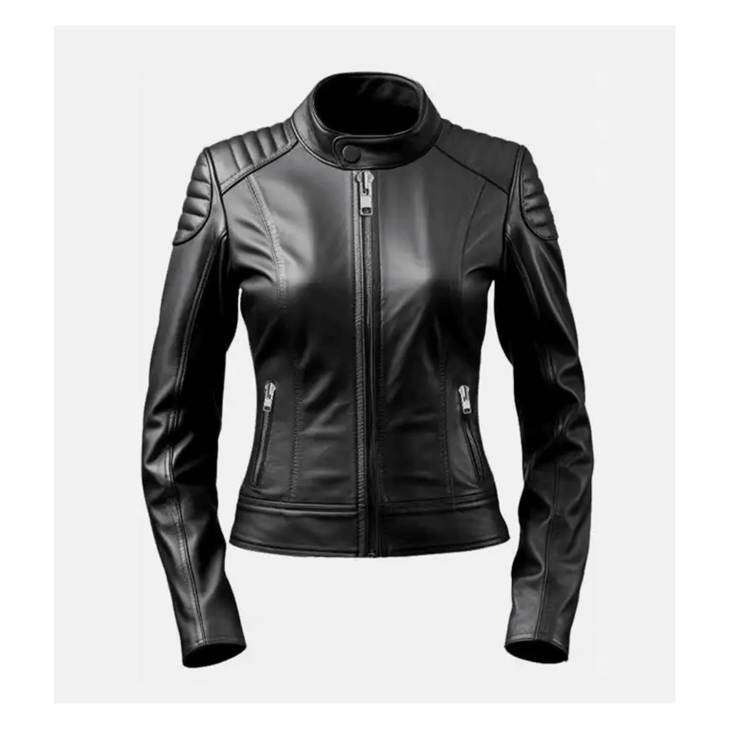 Women black sheepskin leather biker jacket slim fit front view