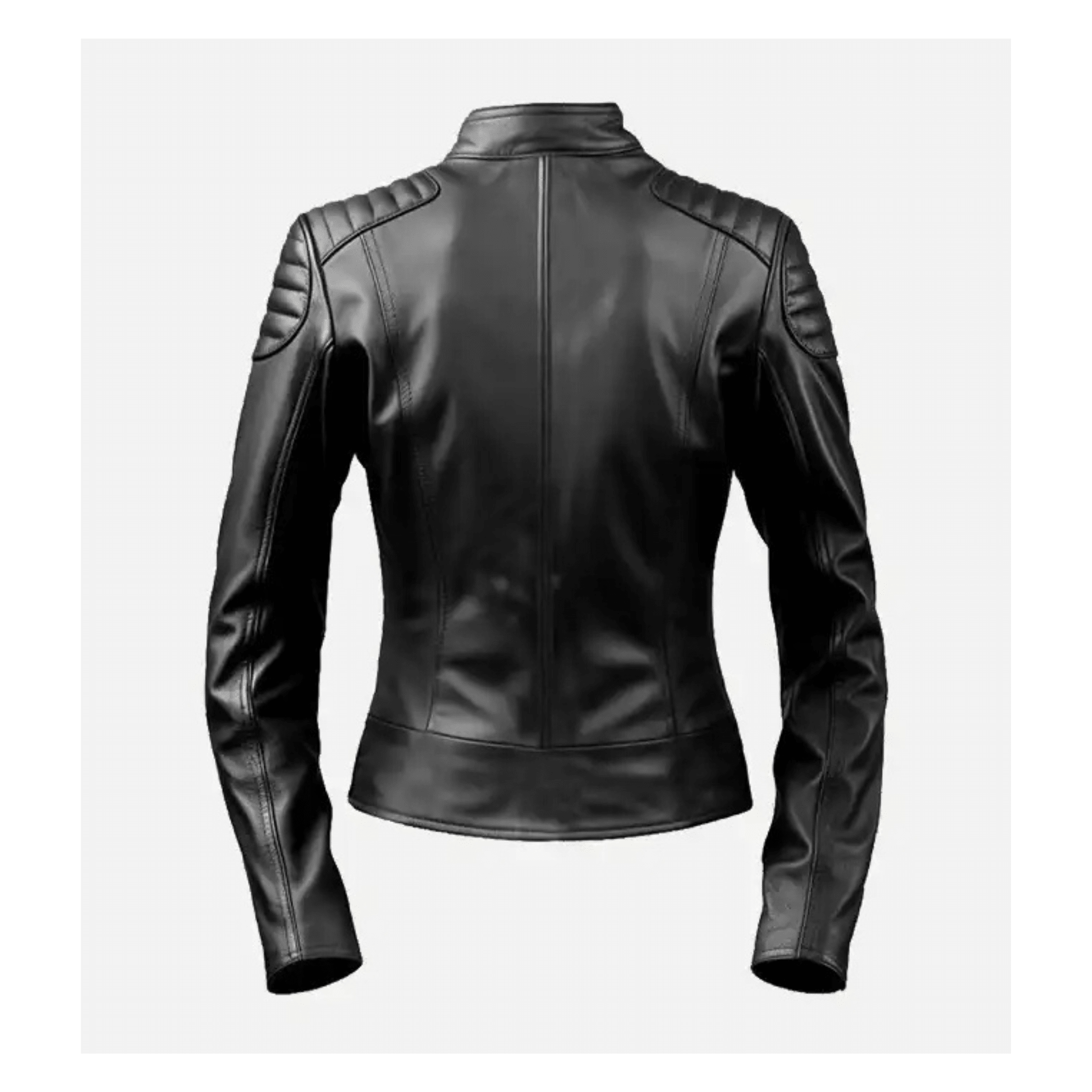 Women black sheepskin leather biker jacket slim fit back view quilted shoulders