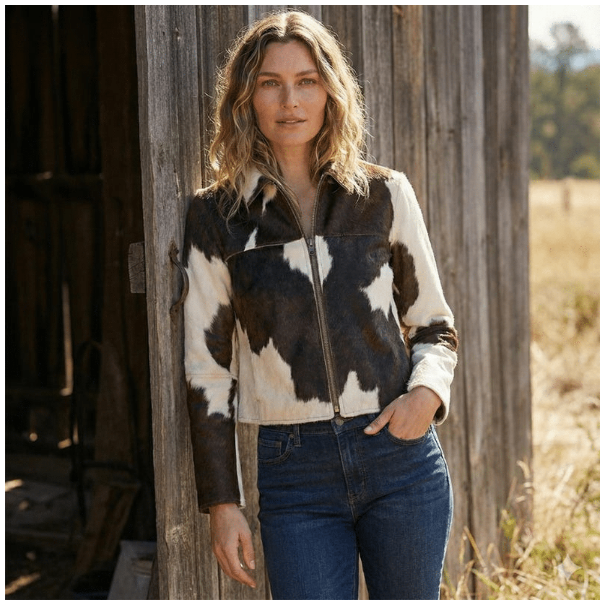Front view of model wearing women brown & white cowhide leather jacket with zip-up design in genuine leather