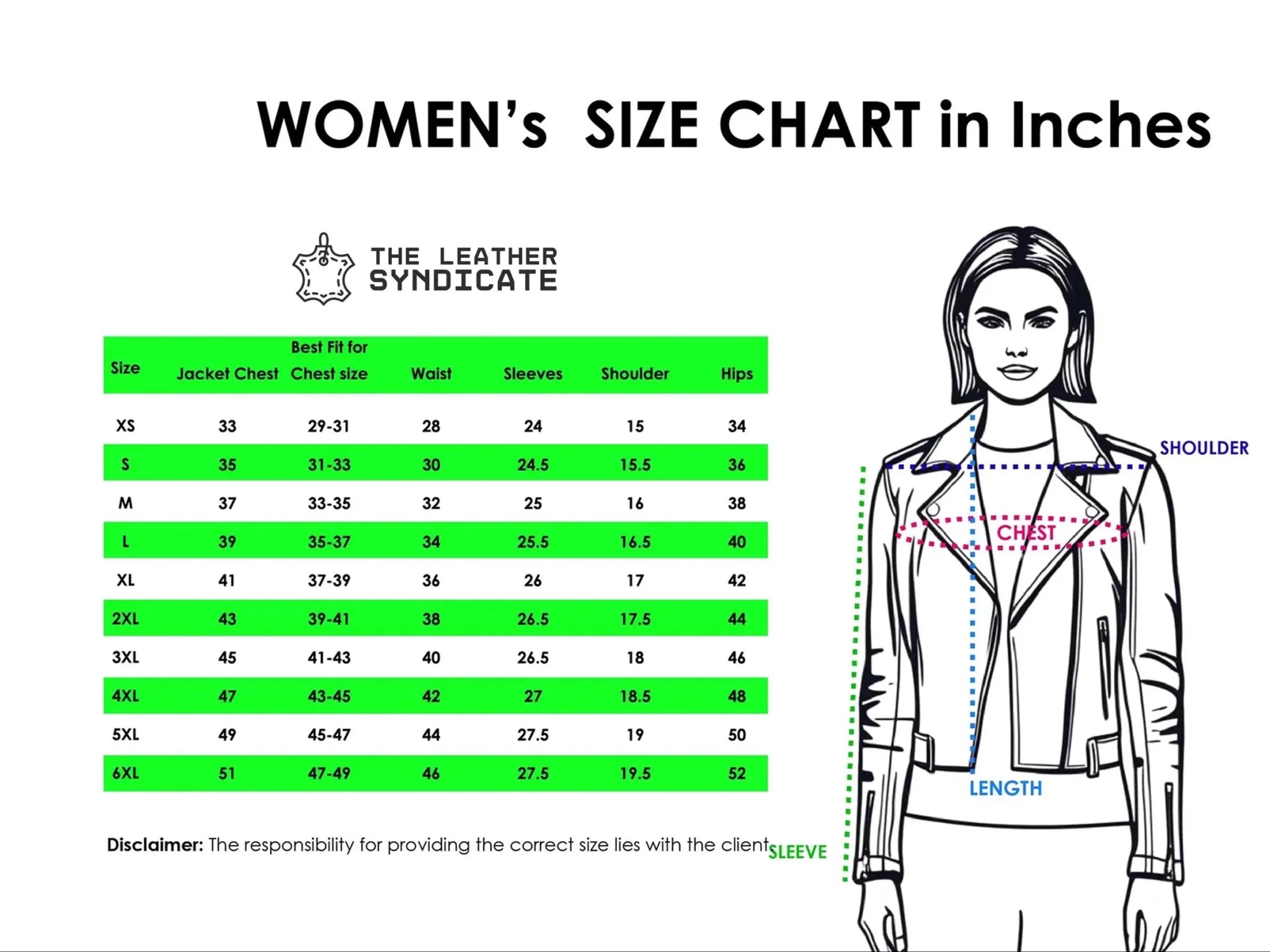 Women brown & white cowhide leather jacket size chart with chest, shoulder, sleeve and length measurements