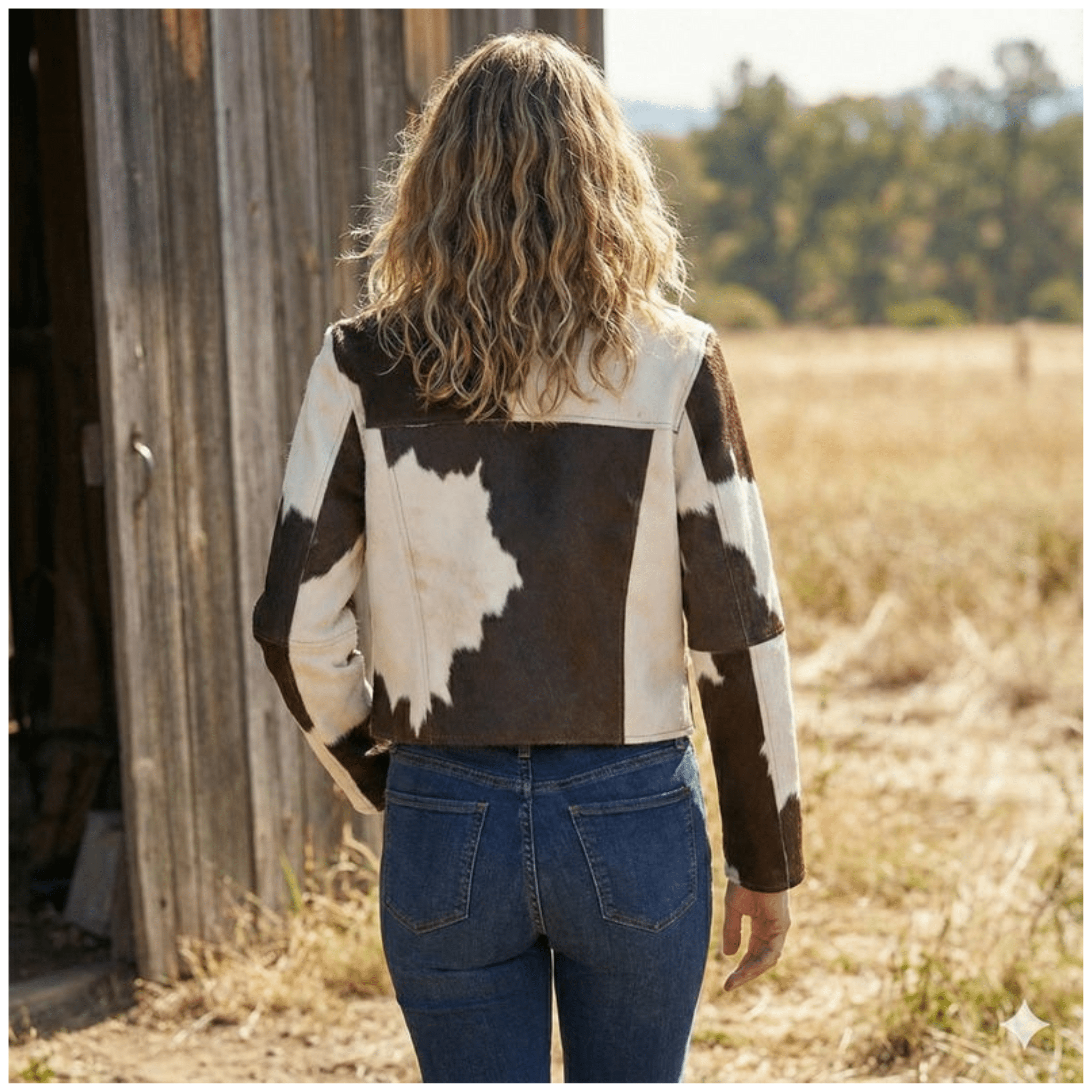 ack view of model wearing women brown & white cowhide leather jacket in genuine leather with tailored fit