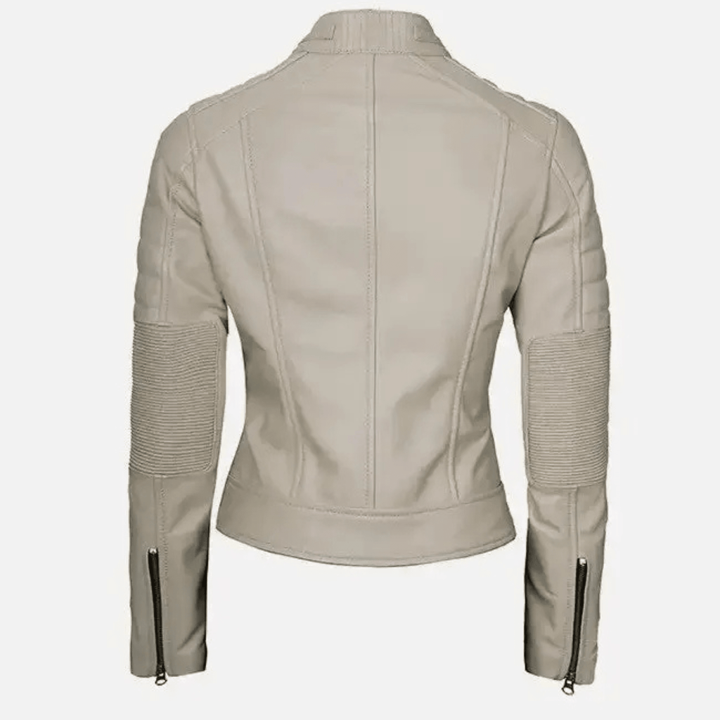 womens beige cafe racer leather jacket back view slim fit biker silhouette