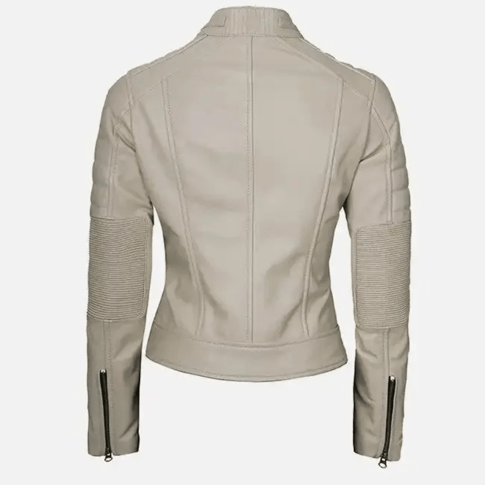 womens beige cafe racer leather jacket back view slim fit biker silhouette