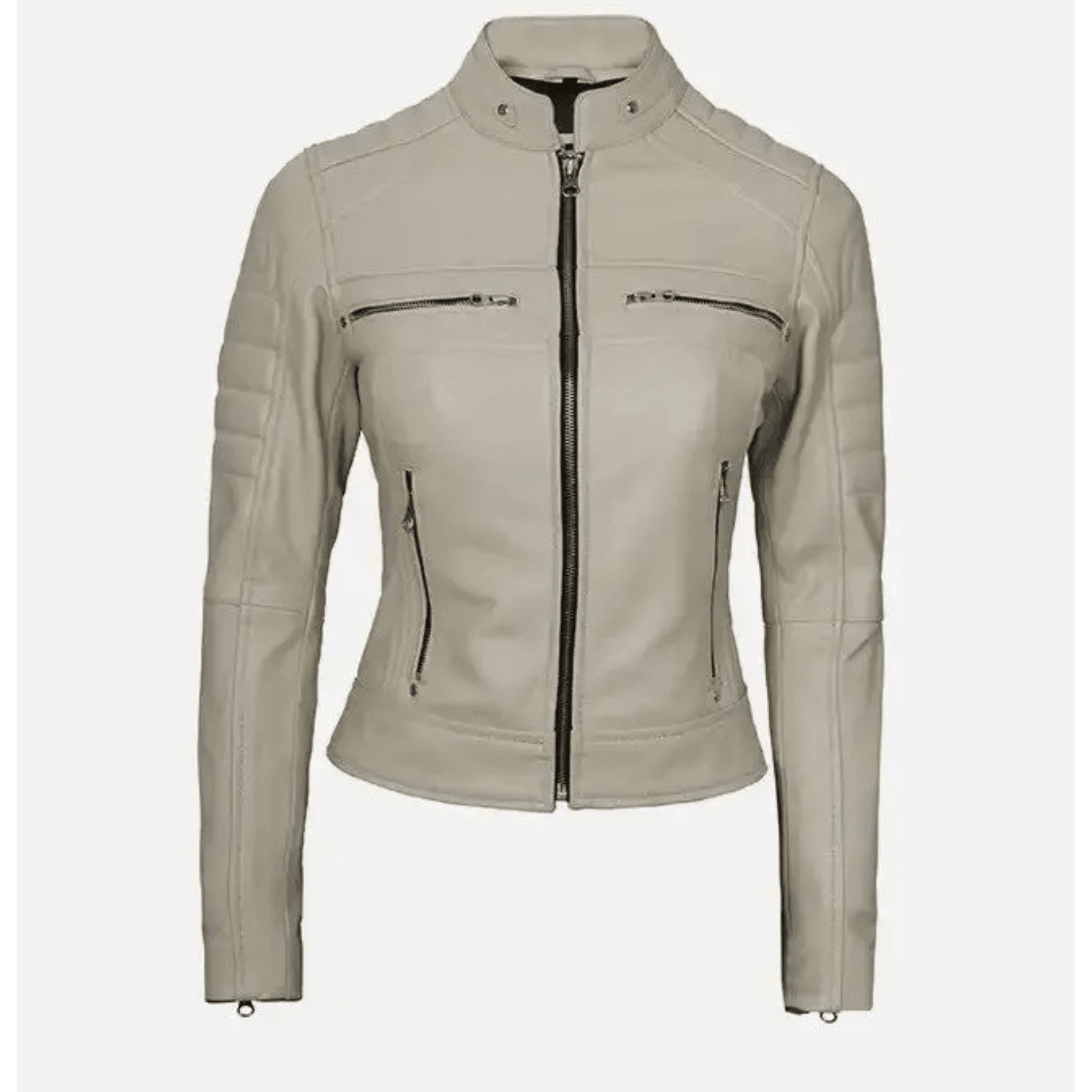 womens beige cafe racer leather jacket sheepskin front view zipper design