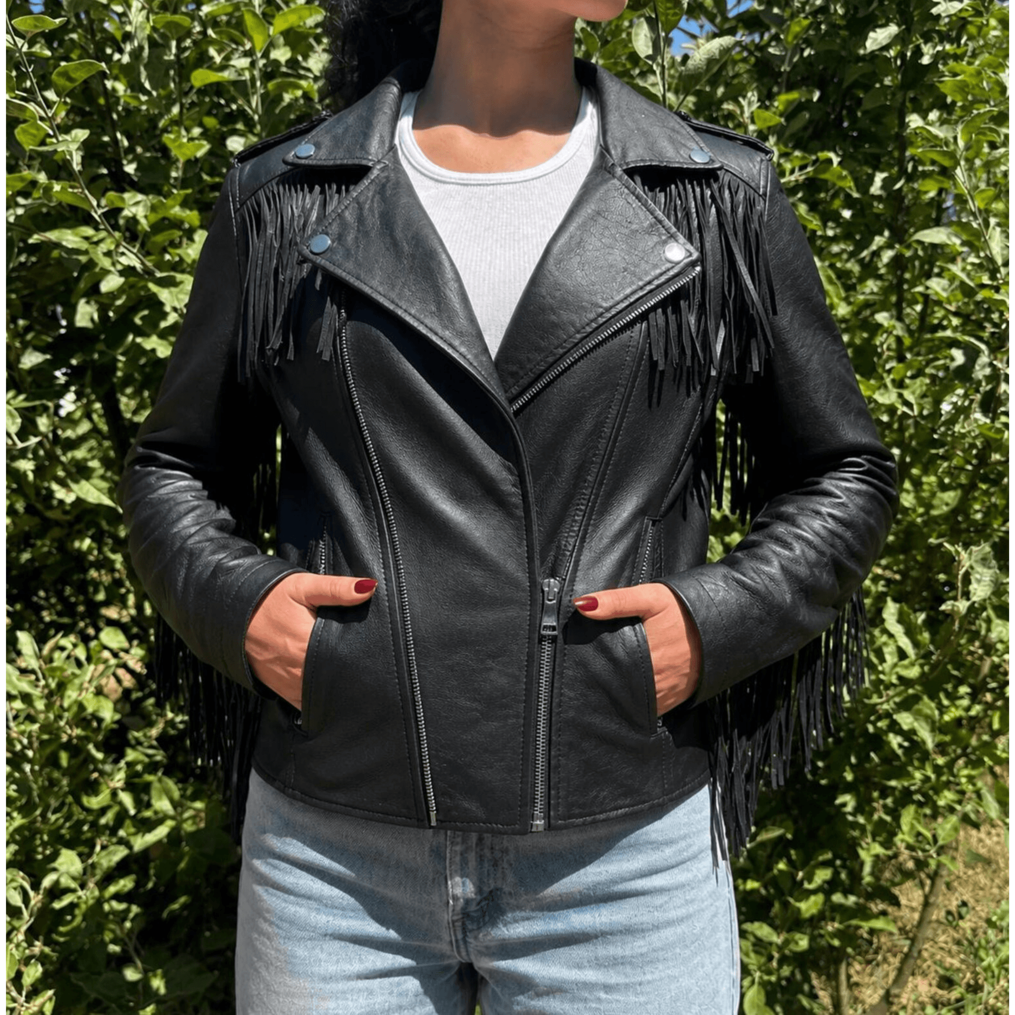 Womens Black Fringe Leather Jacket front view
