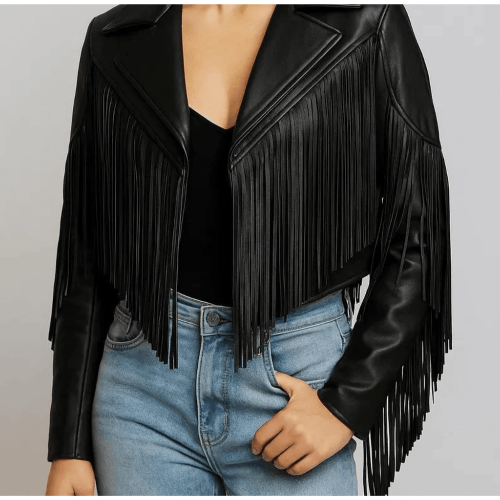 womens black fringe leather jacket front view