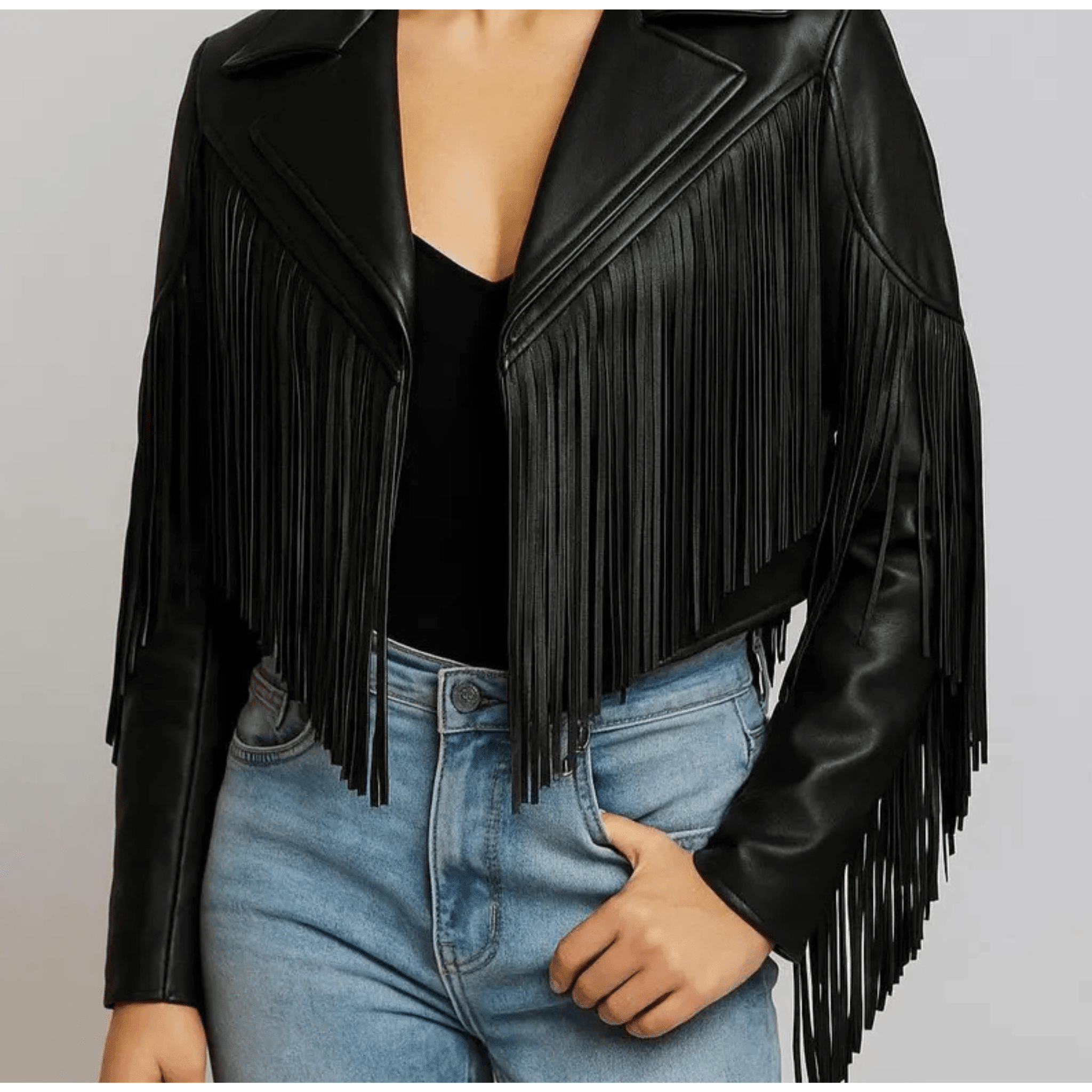 womens black fringe leather jacket front view