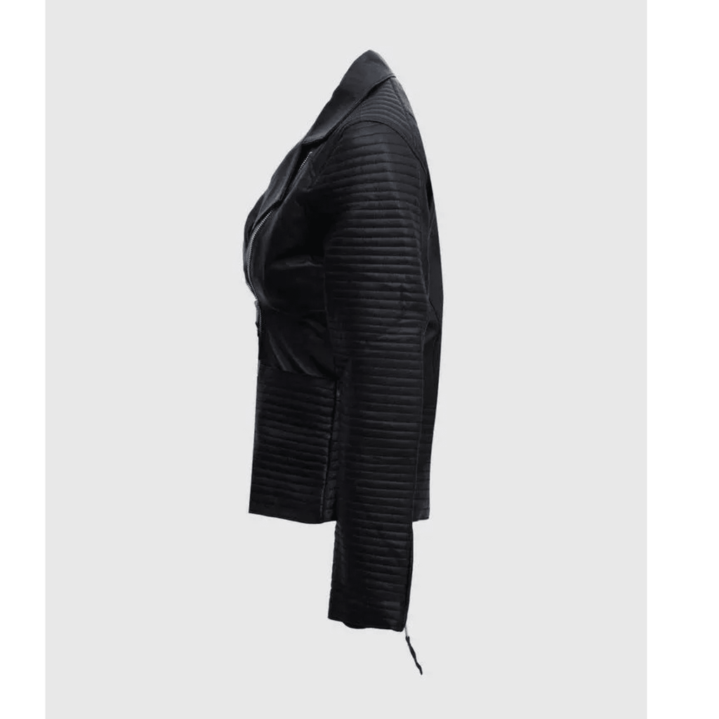 womens black leather biker jacket side view