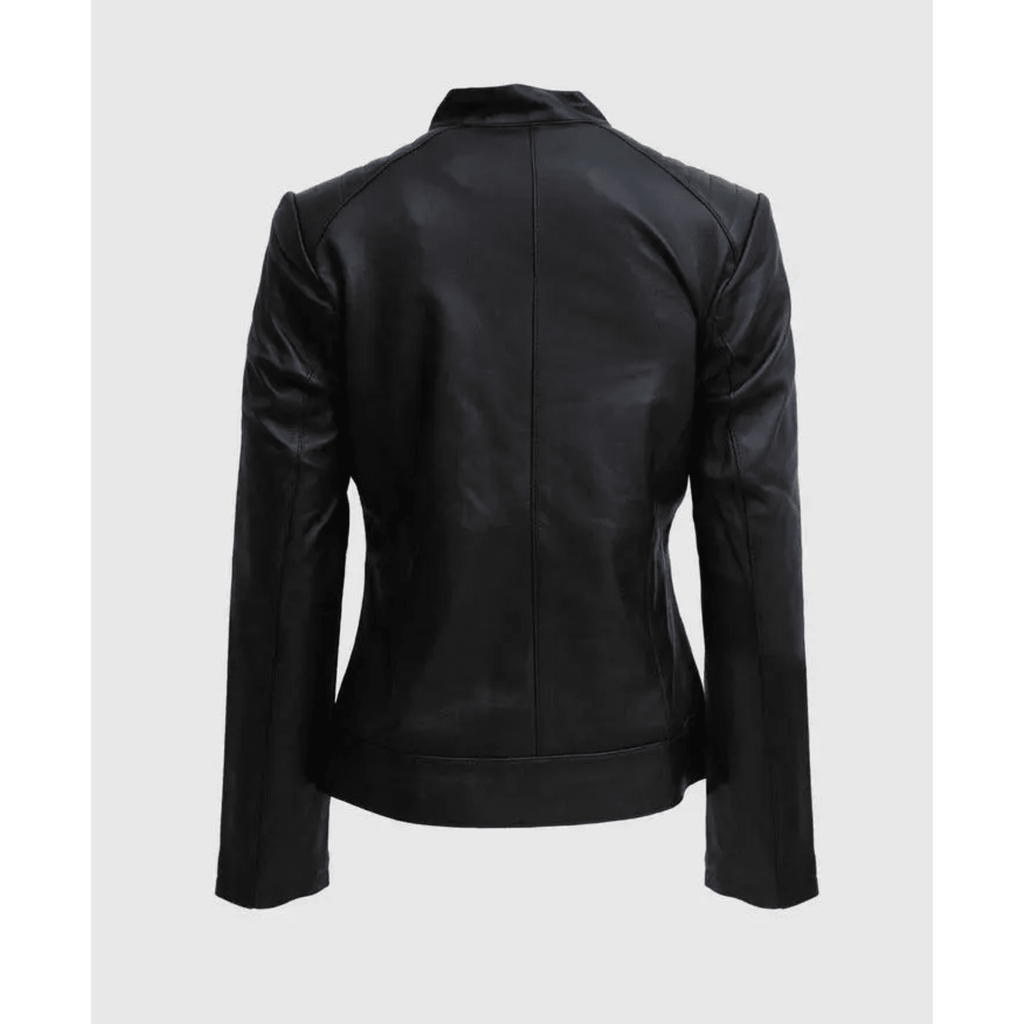 womens black leather biker jacket back side view
