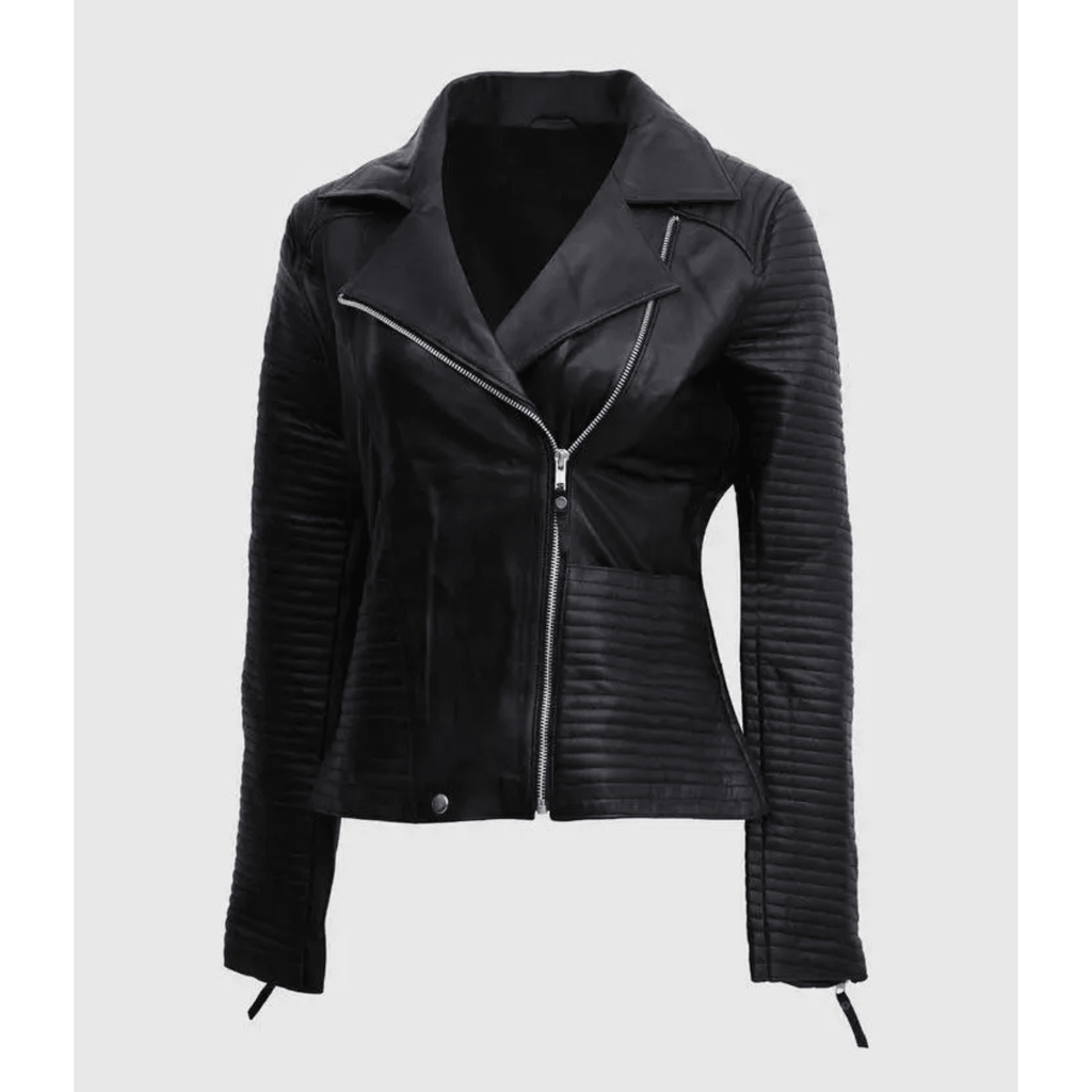 womens black leather biker jacket front view
