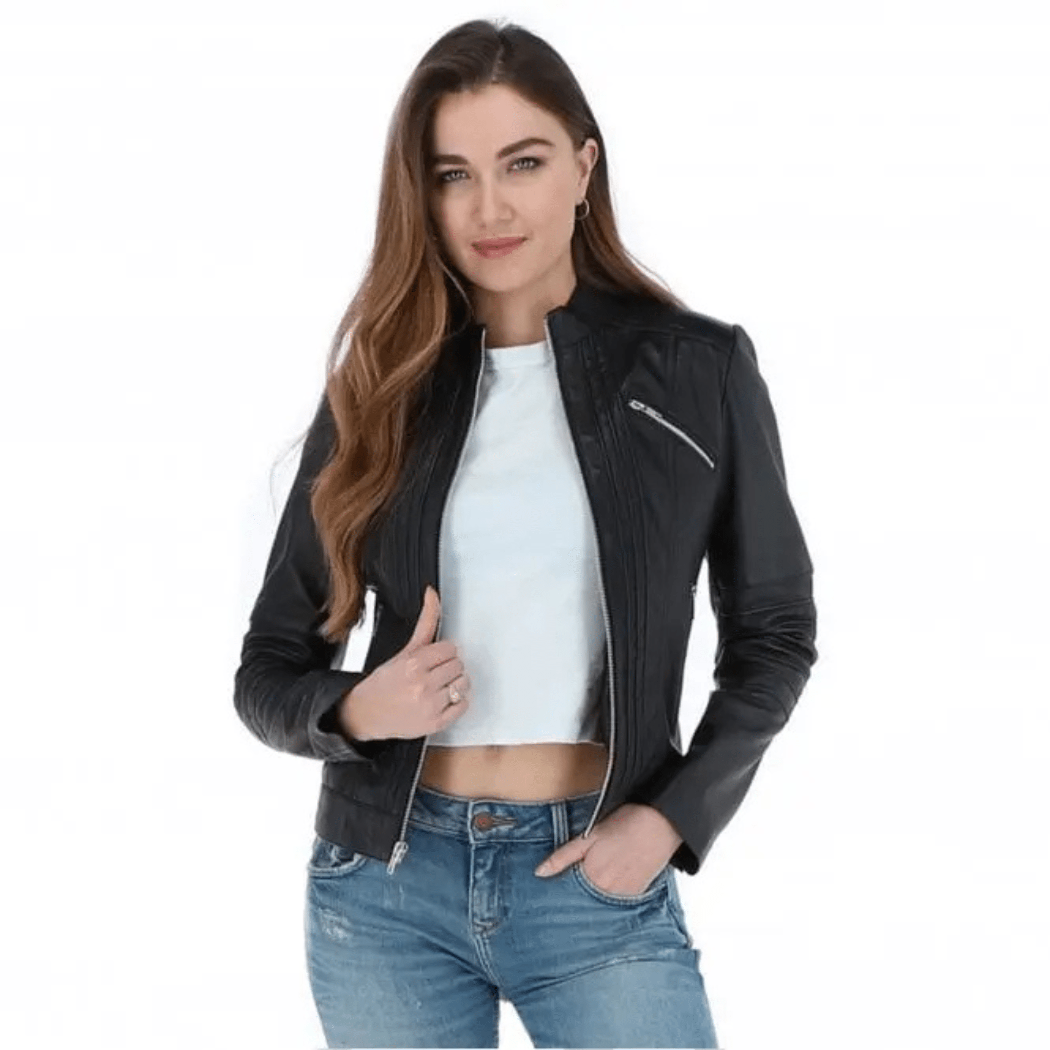 womens black leather biker jacket model wearing casual street style outfit