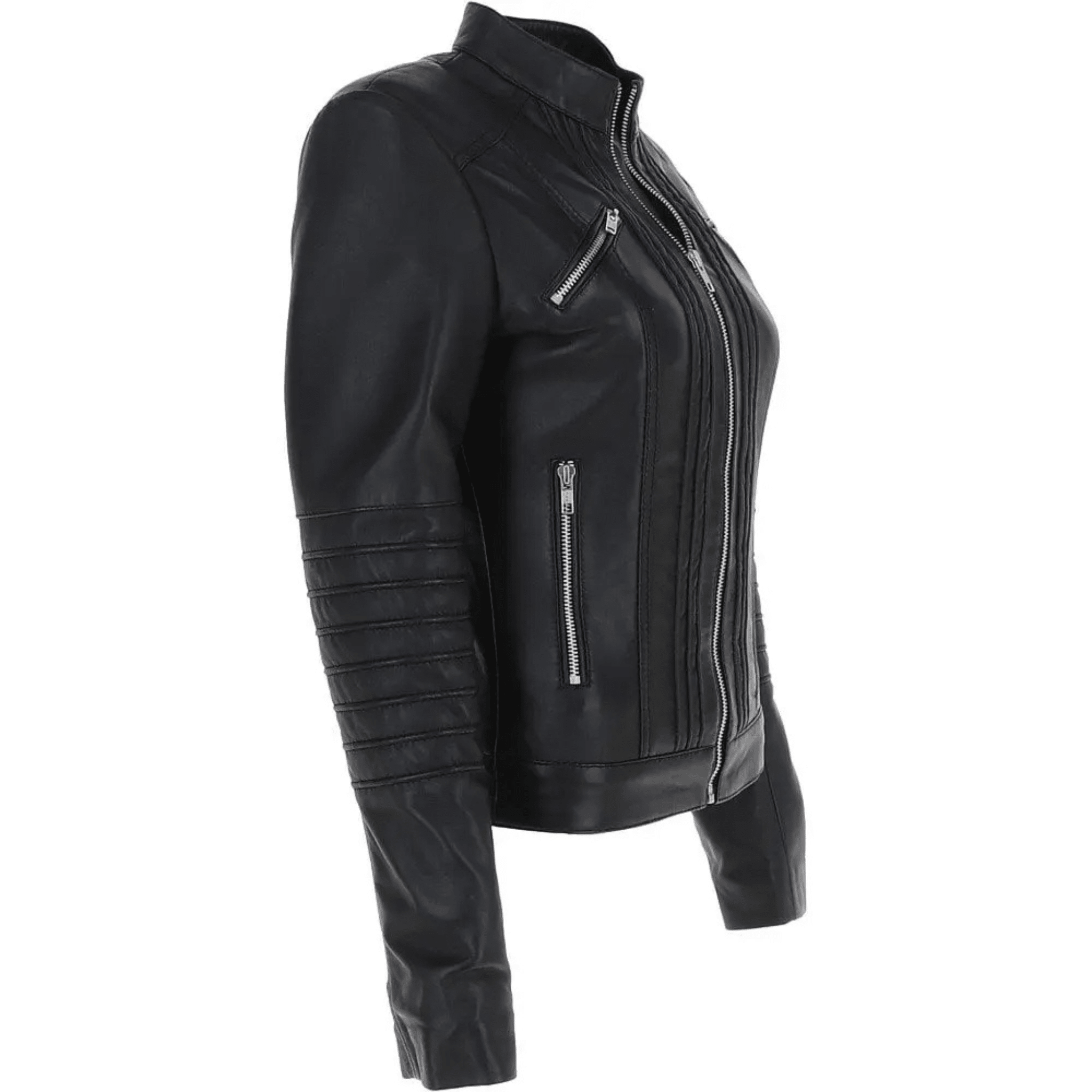 womens black leather biker jacket side view slim fit genuine sheepskin silhouette stylish look