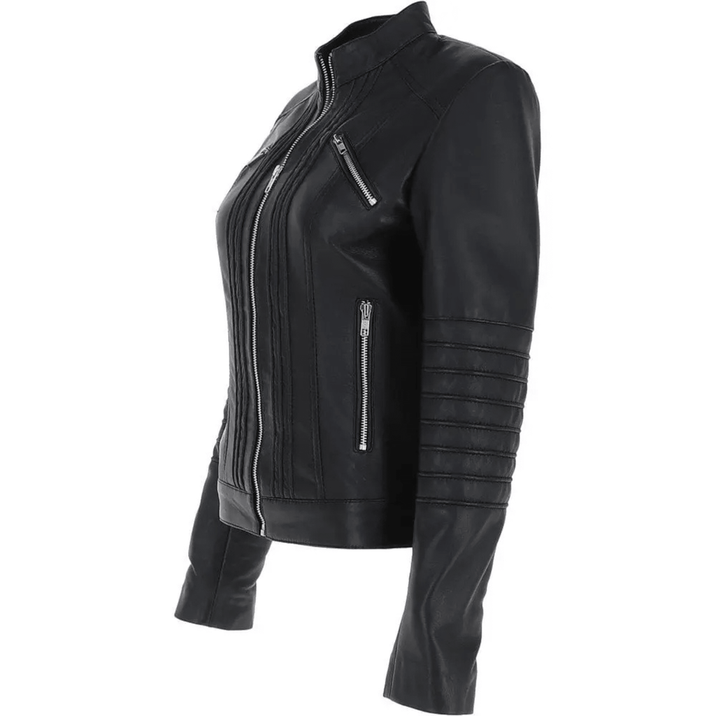 womens black leather biker jacket side view slim fit feminine design